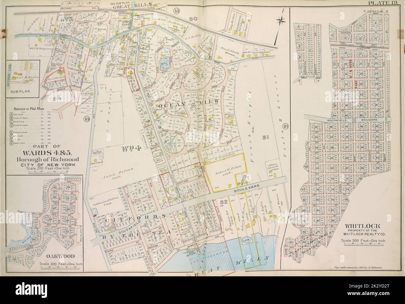 Cartographie, cartes. 1907. Lionel Pincus et Princess Firyal Map Division. Staten Island (New York, N.Y.), New York (N.Y.), immobilier , New York (État) , New York (N.Y.) Plaque 19, partie des quartiers 4 et 5 : carte en direction de Railroad Ave, The Staten Island Railway Co., Great Kills Road, Amboy Road, Southfield Boulevard, St, Mansion Ave, Cleveland Ave, Nelson Ave, Lindenwood Road, Park Terrace, Seeley Lane, Colon Ave; Plan secondaire - Giffords; Oakwood - Brook Ave, Birch St, 16th St, doux Pond; Whitlock Property of the Whitlock Realty Co. - Amboy Road, Emmett Ave, 12th St, Lincoln Ave, 16th St, Crattan Ave, Banque D'Images