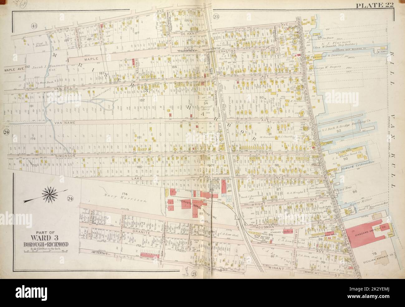 Cartographie, cartes. 1917. Lionel Pincus et Princess Firyal Map Division. Staten Island (New York, New York) Plaque 22, partie du quartier 3 carte reliée par Union Ave, Staten Island Rapid Transit R.R., de Hart Ave (Central Ave), Richmond Terrace, Pierhead et Bulkhead Line, Winant St (Monroe Ave), Simonson Ave, Van Name Ave, Van Pelt Ave, Maple Ave Banque D'Images