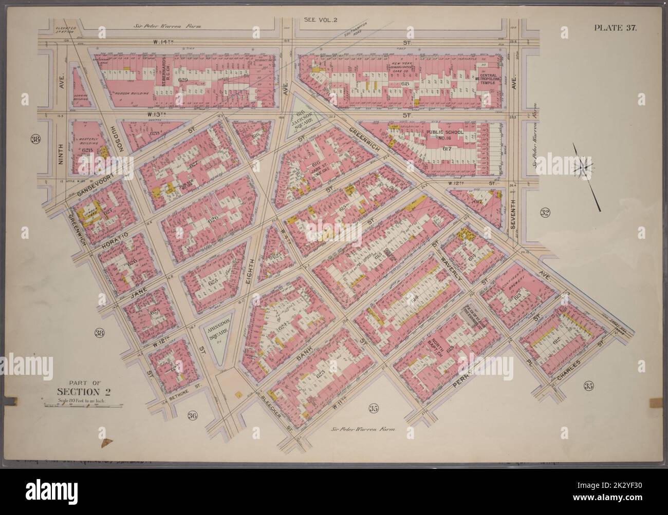 Cartographie, cartes. 1899. Lionel Pincus et Princess Firyal Map Division. Manhattan (New York, New York), immeuble , New York (État) , New York plate 37, partie de la section 2 : délimitée par W. 14th Street, Seventh Avenue, Greenwich Avenue, Charles Street, Waverly place, Perry Street, W. 4th Street, W. 11th Street, Bleecker Street, Bank Street, Hudson Street, Bethune Street, Greenwich Street et Ninth Avenue Banque D'Images