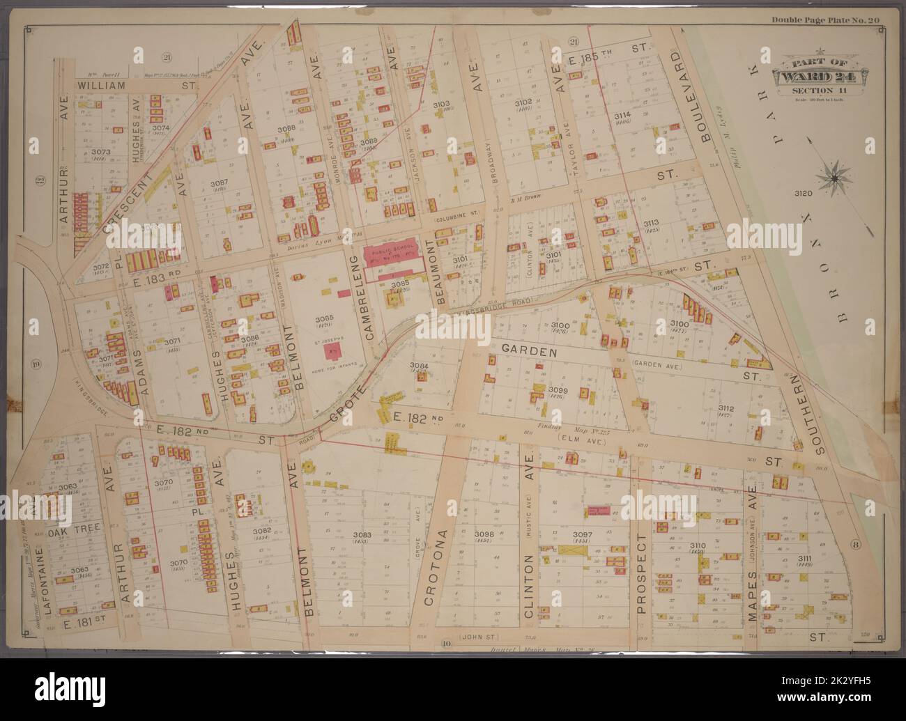 Cartographie, cartes. 1901. Lionel Pincus et Princess Firyal Map Division. Bronx (New York, N.Y.), immeuble , New York (État) , New York Double page tôle no 20, partie du quartier 24, article 11. Bornée par la rue William, avenue Crescent, rue E. 185th, boulevard Southern, rue E. 181st, Avenue Lafontaine et avenue Arthur. Banque D'Images