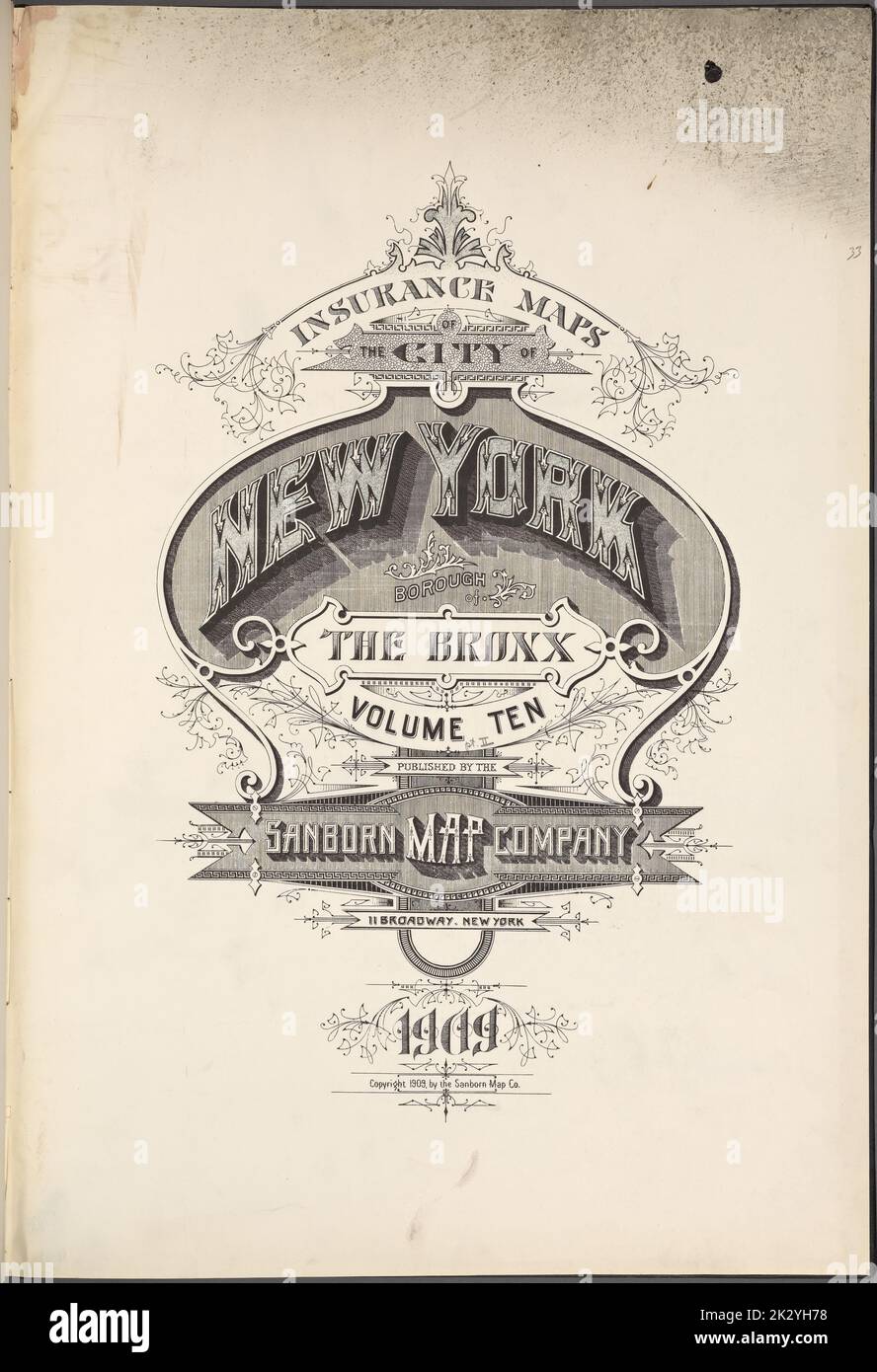 Cartographie, cartes. 1909. Lionel Pincus et Princess Firyal Map Division. Assurance incendie , New York (État), immobilier , New York (État), Villes et villages , New York (État) cartes d'assurance de la ville de New York. Quartier du Bronx. Volume 10. Publié par Sanborn Map Co., 11 Broadway, New York. 1909. Banque D'Images