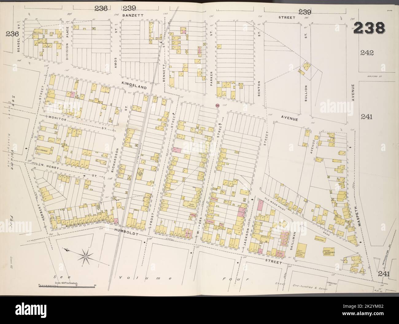 Cartographie, cartes. 1884 - 1936. Lionel Pincus et Princess Firyal Map Division. Assurance-incendie , New York (État), immobilier , New York (État), Villes et villages , New York (État) Brooklyn, V. 9, Double page plaque no 238 carte délimitée par Banzett St., Maspeth Ave., Humboldt St., Herbert St. Banque D'Images