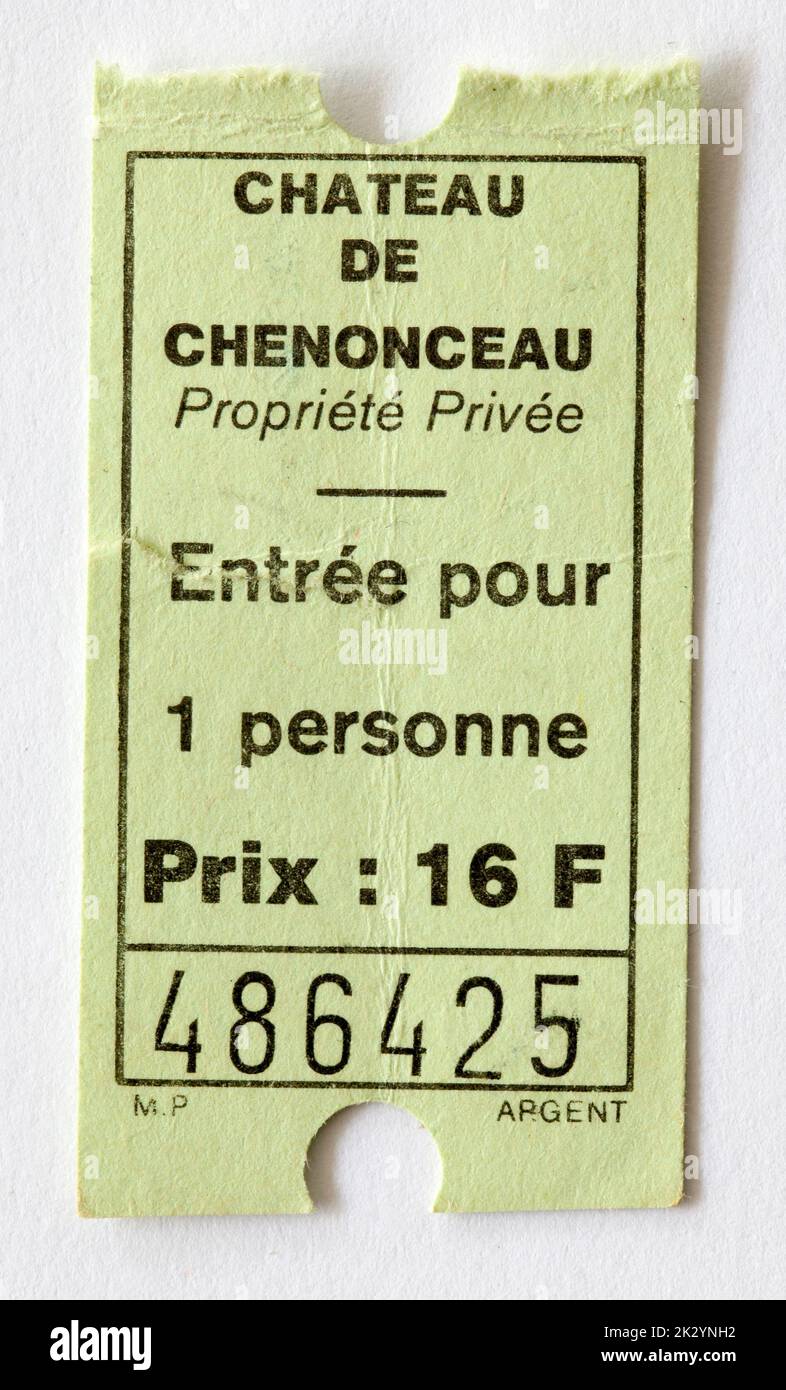 Ancien billet d'entrée pour le château de Chenonceau Loire Valley France Banque D'Images