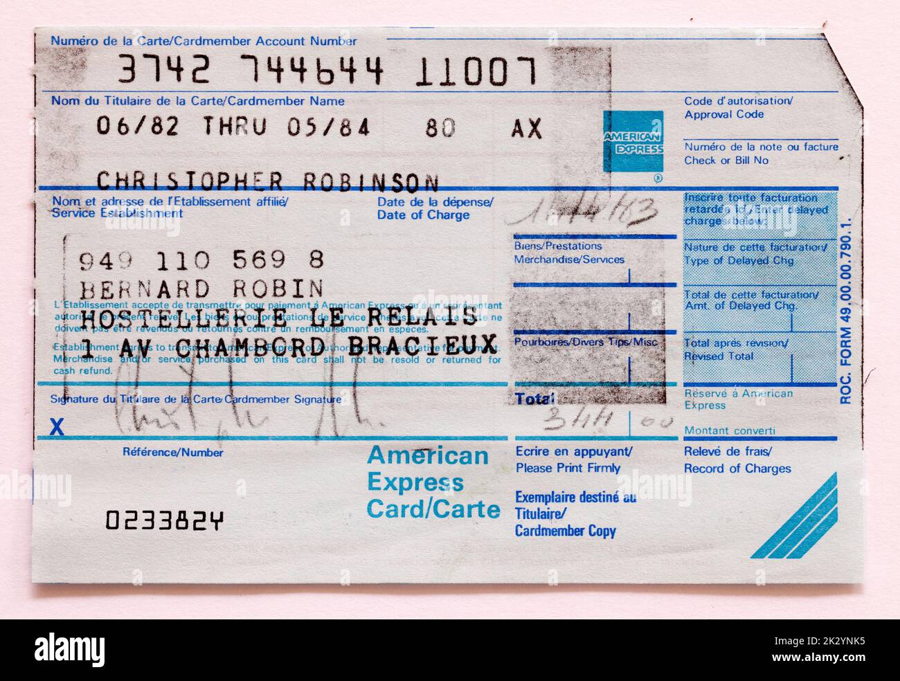 Reçu de carte American Express vintage Banque D'Images