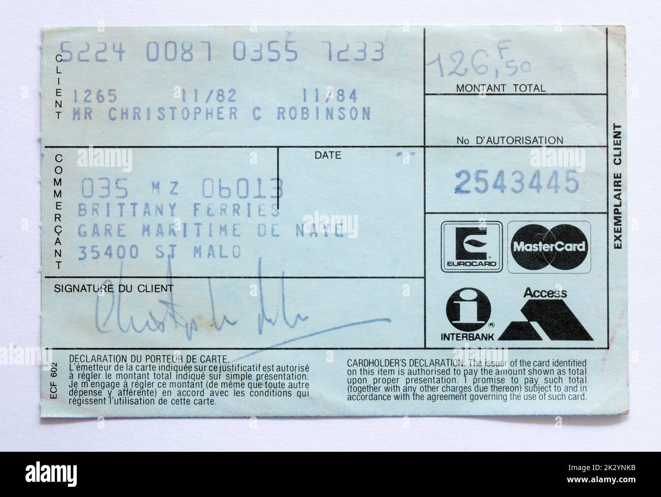 1980s Access Mastercard reçu de carte de crédit pour Brittany Ferries Banque D'Images