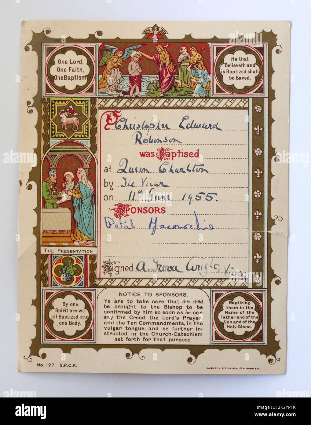 1955 certificat de baptême Banque D'Images