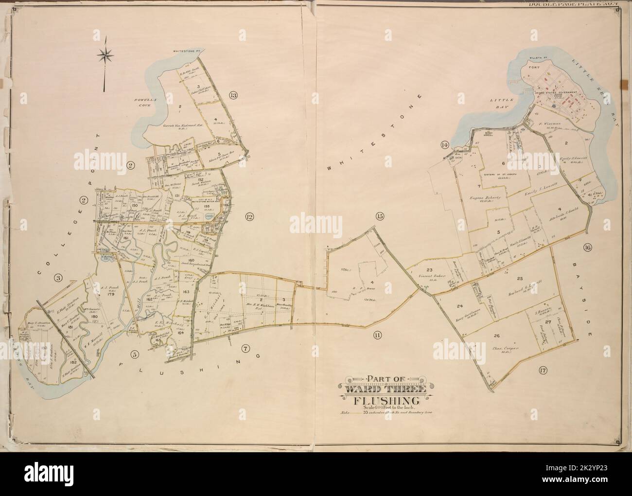 Cartographie, cartes. 1908 - 1913. Lionel Pincus et Princess Firyal Map Division. Queens (New York, New York), long Island City (New York, New York) Queens, vol. 3, plaque double page no 4; partie de la paroisse trois College point. Carte délimitée par 11th Ave., 10th Ave., 7th Ave., 6th Ave., Linden Ave., 5th Ave., Simths Lane, 4th Ave., Lawrence Ave., 3rd Ave., Nostrand Lane, Old Flushing Rd, Whitestone Ave., Myrtle Ave., Bayside Ave., Higgins Lane, Brewster Ave., Murray Lane, 14th Ave., Willets point Road, Whitestone Road, Bell Avenue, Longview Avenue, Little Bayside Road, Bayside Road, Avenue Crochreow; y compris 21 Banque D'Images