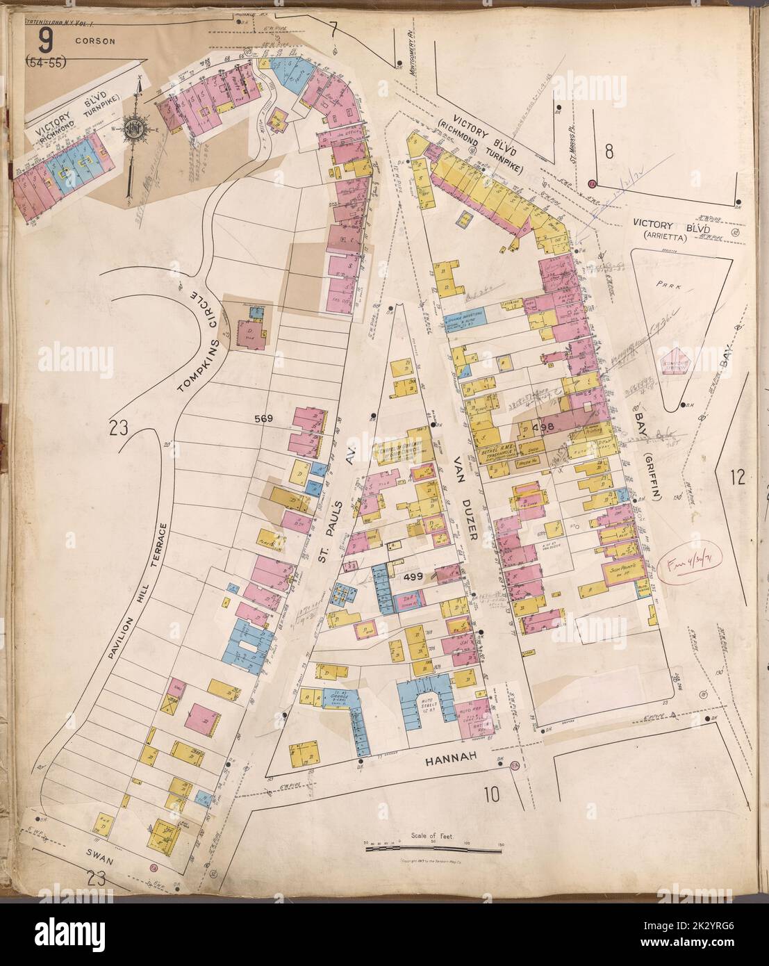 Cartographie, cartes. 1917. Lionel Pincus et Princess Firyal Map Division. Immobilier , New York (État) , New York, assurance incendie , New York (État) , New York, Staten Island (New York, New York) Staten Island, V. 1, plaque no 9 carte délimitée par Victory Blvd., Bay, Hannah, Pavilion Hill Terrace Banque D'Images