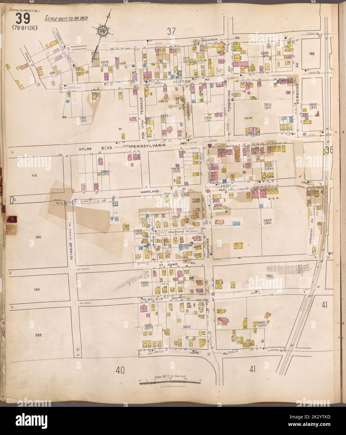 Cartographic, Maps. 1917. Lionel Pincus and Princess Firyal Map Division. Real property , New York (State) , New York, Fire insurance , New York (State) , New York, Staten Island (New York, N.Y.) Staten Island, V. 1, Plate No. 39 Map bounded by Virginia Ave., Hope Ave., Reynolds Banque D'Images