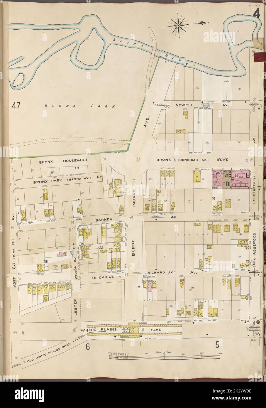 Cartographie, cartes. 1905 - 1908. Lionel Pincus et Princess Firyal Map Division. New York (New York) Bronx, V. B, plaque no 4 carte délimitée par la rivière Bronx, avenue Rosewood, chemin White Plains, Adee Av. en Banque D'Images