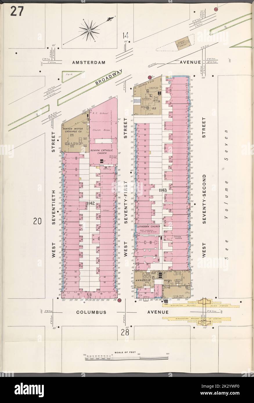 Cartographie, cartes. 1907. Lionel Pincus et Princess Firyal Map Division. Assurance incendie , New York (État), immobilier , New York (État), Villes et villages , New York (État) Manhattan, V. 6, plaque no 27 carte délimitée par Amsterdam Ave., W. 72nd St., Columbus Ave., W. 70th St. Banque D'Images