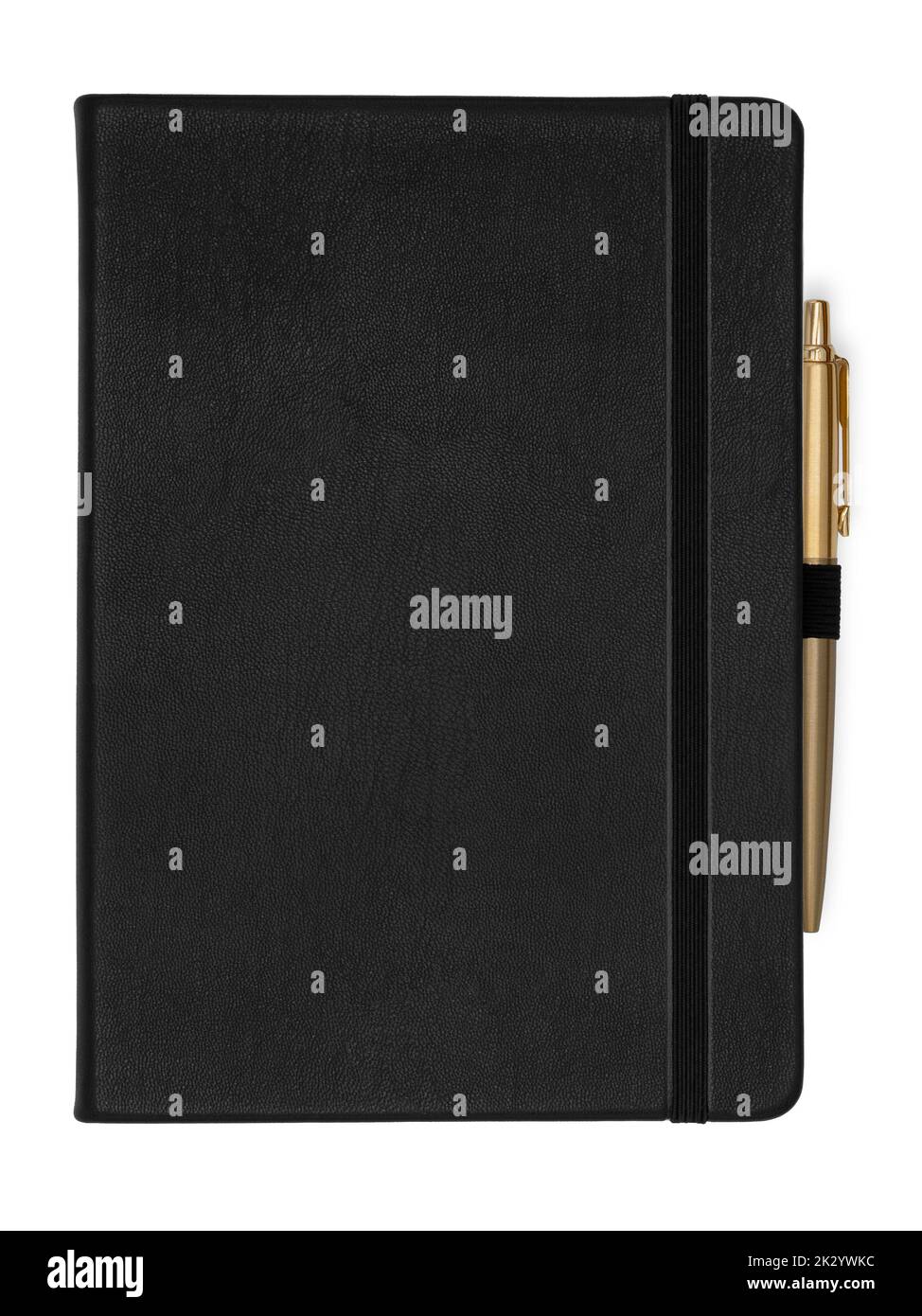 Carnet en cuir noir de qualité avec stylo doré attaché isolé sur fond blanc Banque D'Images