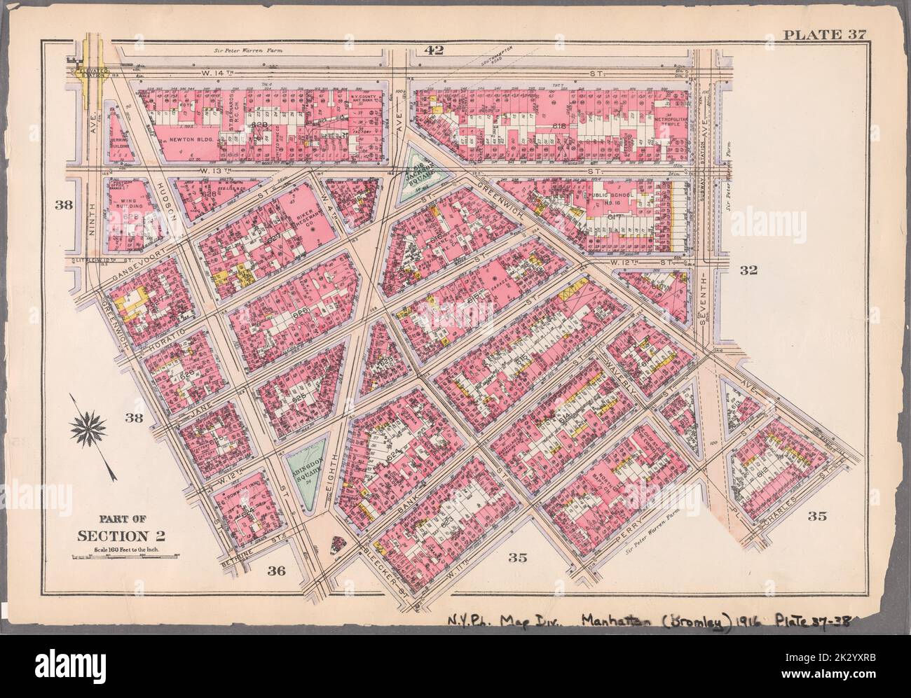 Cartographie, cartes. 1916. Lionel Pincus et Princess Firyal Map Division. Atlas, Manhattan (New York, New York), propriété immobilière , New York (État) , New York plate 37: Délimitée par W. 14th Street, Seventh Avenue, Greenwich Avenue, Charles Street, Waverly place, Perry Street, W. 4th Street, W. 11th Street, Bleecker Street, Bank Street, Rue Hudson, rue Bethune, rue Greenwich et neuvième avenue partie de la section 2 Banque D'Images