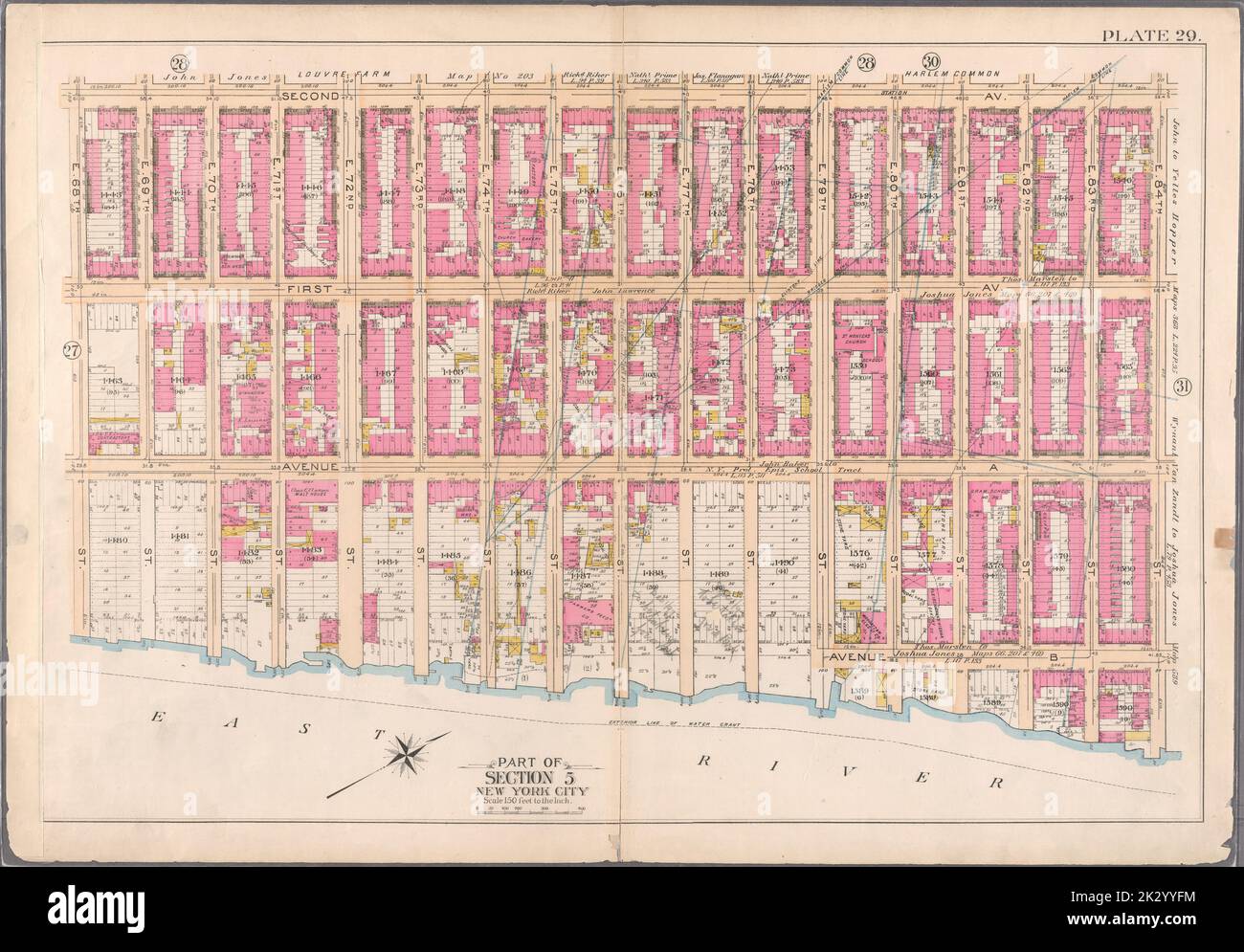 Cartographie, cartes. 1897. Lionel Pincus et Princess Firyal Map Division. Immobilier , New York (État) , New York, Manhattan (New York, New York) Planche 29 : délimitée par la deuxième avenue, e. 84th Street, Avenue B, E. 79th Street, Avenue A (East River) et E. 68th Street. Partie de la section 5 : ville de New York. Banque D'Images