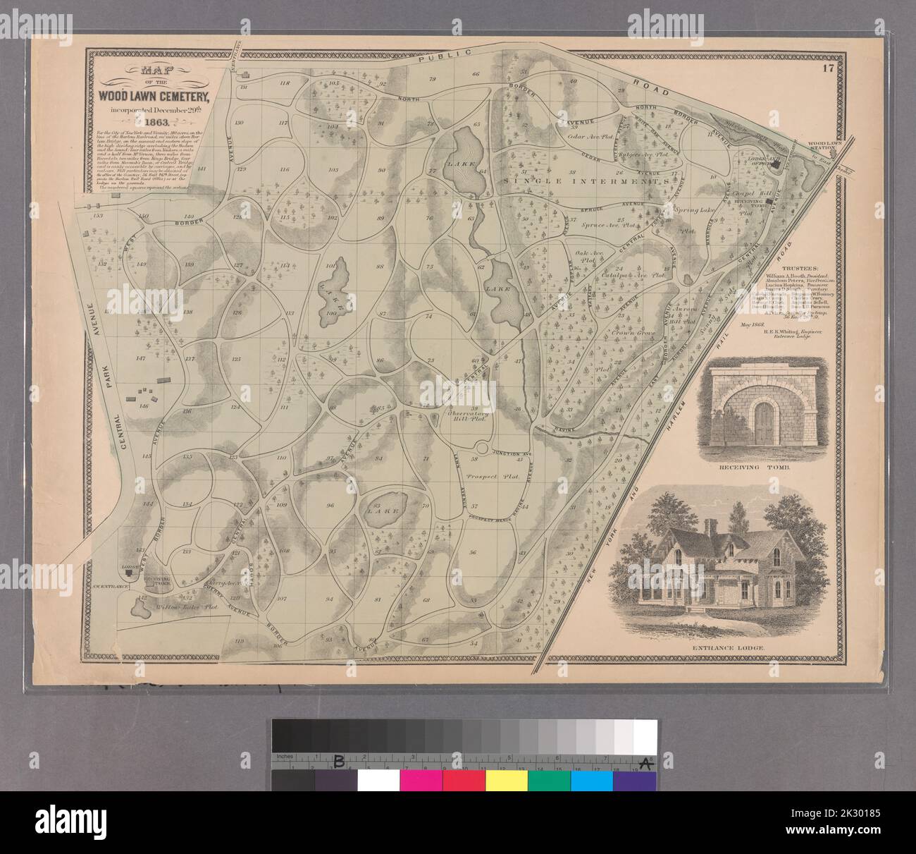 Cartographie, cartes. 1868. Lionel Pincus et Princess Firyal Map Division. Immobilier , New York Metropolitan Area, New York Metropolitan Area, Woodlawn Cemeteries (New York, N.Y.), cimetières , New York (State) , New York, Bronx (New York, N.Y.) Planche 17: Carte du cimetière de Woodlawn, incorporée à 29 décembre 1863. Banque D'Images