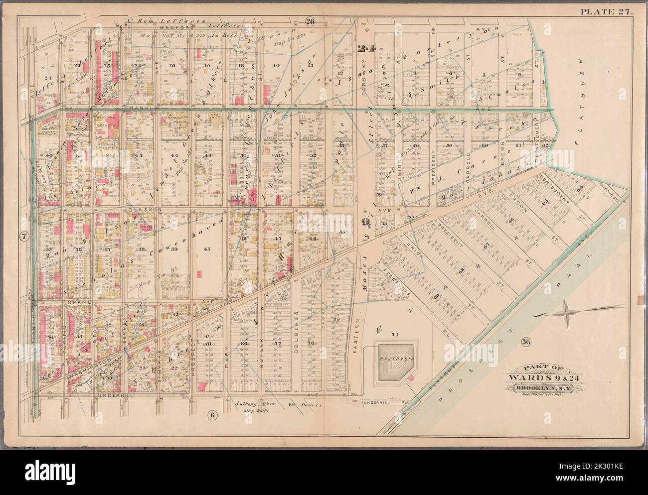 Cartographie, cartes. 1886. Lionel Pincus et Princess Firyal Map Division. Brooklyn (New York, N.Y.), immeuble , New York (État) , New York planche 27 : délimitée par Bedford Avenue, Montgomery Street, Flatbush Avenue, Underhill place, Underhill Avenue et Atlantic Avenue. Planche 27 : partie des quartiers 9 et 24. Brooklyn, New York Banque D'Images