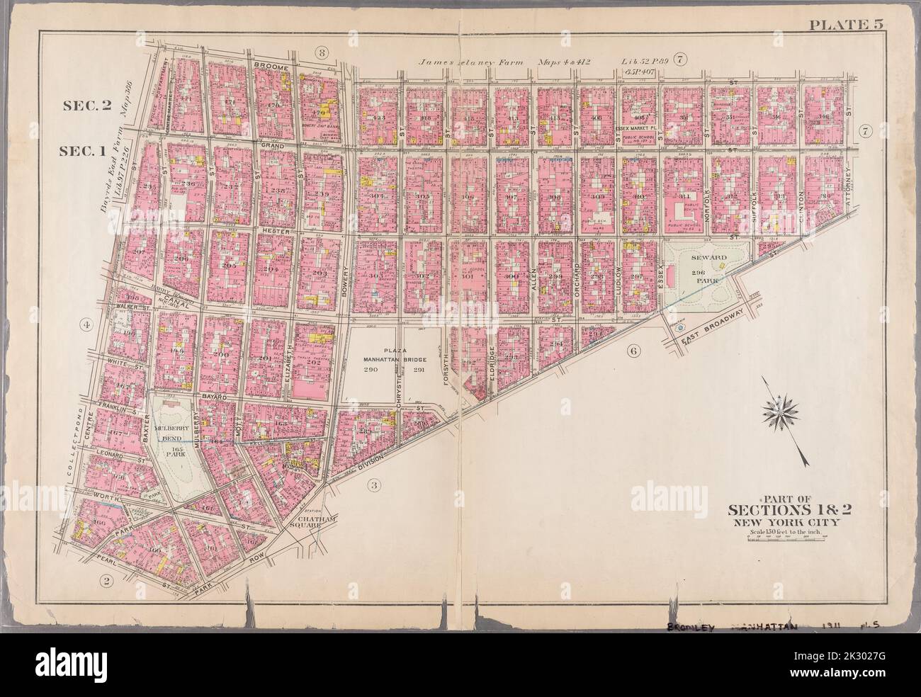 Cartographie, cartes. 1911. Lionel Pincus et Princess Firyal Map Division. New York (New York), Manhattan (New York, New York), immeuble , New York (État) , New York , Manhattan plaque 5 : délimitée par Broome Street, Attorney Street, Division Street, Chatham Square, Park Row, Pearl Street et Center Street. Fait partie des sections 1 et 2, New York City. Banque D'Images