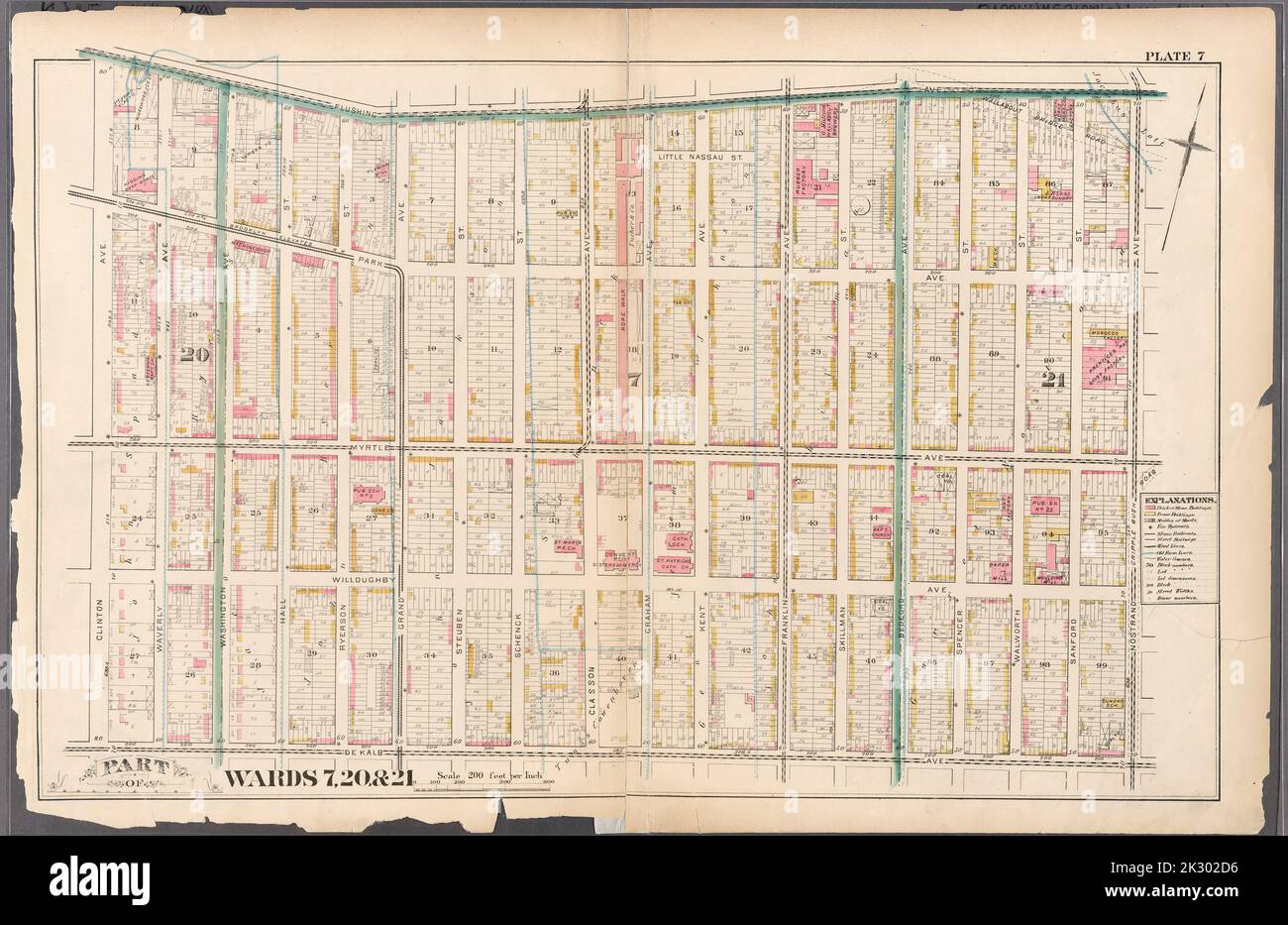 Cartographie, cartes. 1880. Lionel Pincus et Princess Firyal Map Division. Brooklyn (New York, New York), propriété immobilière , New York (État) , New York planche 7 : délimitée par Flushing Avenue, Nostrand Avenue, de Kalb Avenue et Clinton Avenue. Planche 7 : planche 1 : partie des pupilles 7, 20 et 21. Banque D'Images