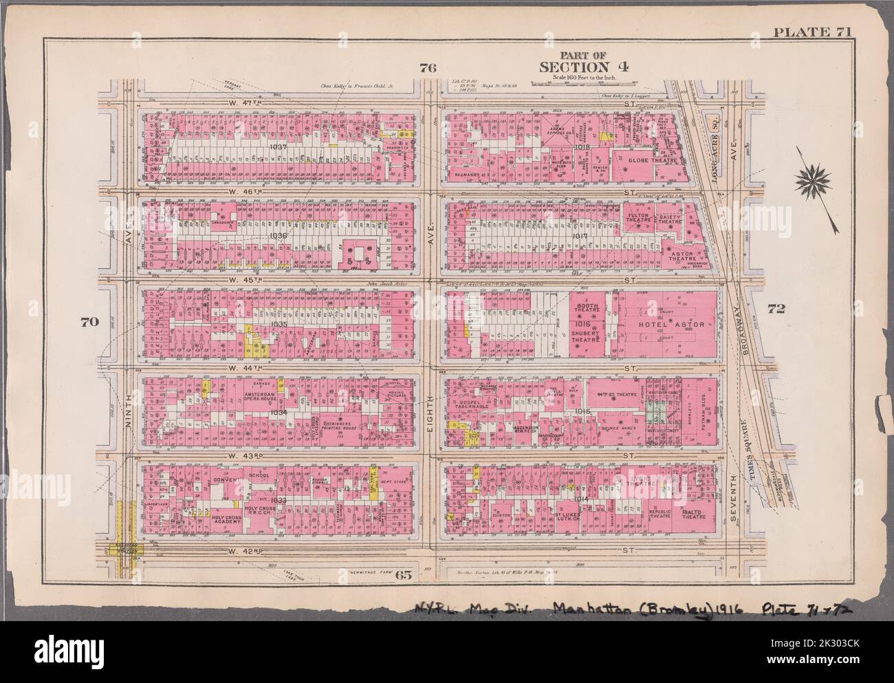 Cartographie, cartes. 1916. Lionel Pincus et Princess Firyal Map Division. Atlas, Manhattan (New York, N.Y.), immeuble , New York (État) , New York plate 71 : délimitée par W. 47th Street, Broadway, Seventh Avenue, W. 42nd Street et Ninth Avenue partie de la section 4 Banque D'Images