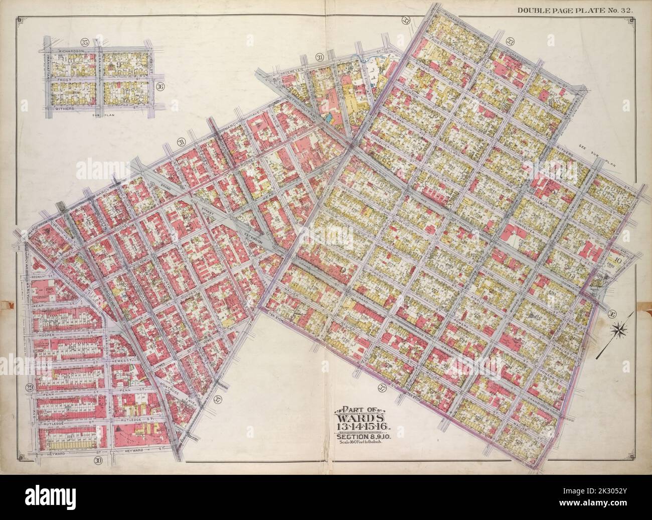 E.B. Hyde & Co. Cartographie, cartes. 1916. Lionel Pincus et Princess Firyal Map Division. Brooklyn (New York, N.Y.), immeubles , New York (État) , New York Brooklyn, vol. 1, 2nd partie, plaque double page n° 32; partie des quartiers 13, 14, 15, 16, section 8, 9, 10; carte délimitée par l'avenue Marcy, l'avenue Metropolitan, la rue Havemeyer, la rue Withers, l'avenue Union, Richardson St., Manhattan Ave., Withers St., Humbolt St.; y compris Skillman Ave., Old Woodpoint Rd., Bushwick Ave., Ten Eyck St., Union Ave., Heyward St., Marcy Ave.; carte du plan secondaire délimitée par Richardson St., Humbolt St., Withers St., Manhattan Ave Banque D'Images