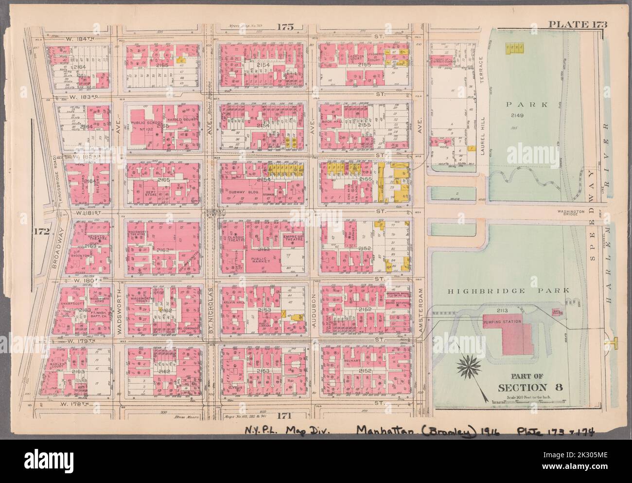 Cartographie, cartes. 1916. Lionel Pincus et Princess Firyal Map Division. Atlas, Manhattan (New York, New York), propriété immobilière , New York (État) , New York plaque 173 : délimitée par W. 184th Street, Laurel Hill Terrace (Highbridge Park, Speedway, Harlem River), W. 178th Street et Broadway partie de la section 8 Banque D'Images