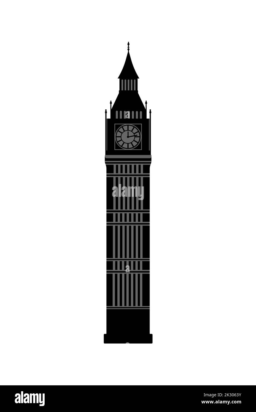 Tour Big Ben noir sur fond blanc. Symbole britannique. Détaillé. Voyage à Londres. Objet Tourisme. Illustration vectorielle. Illustration de Vecteur