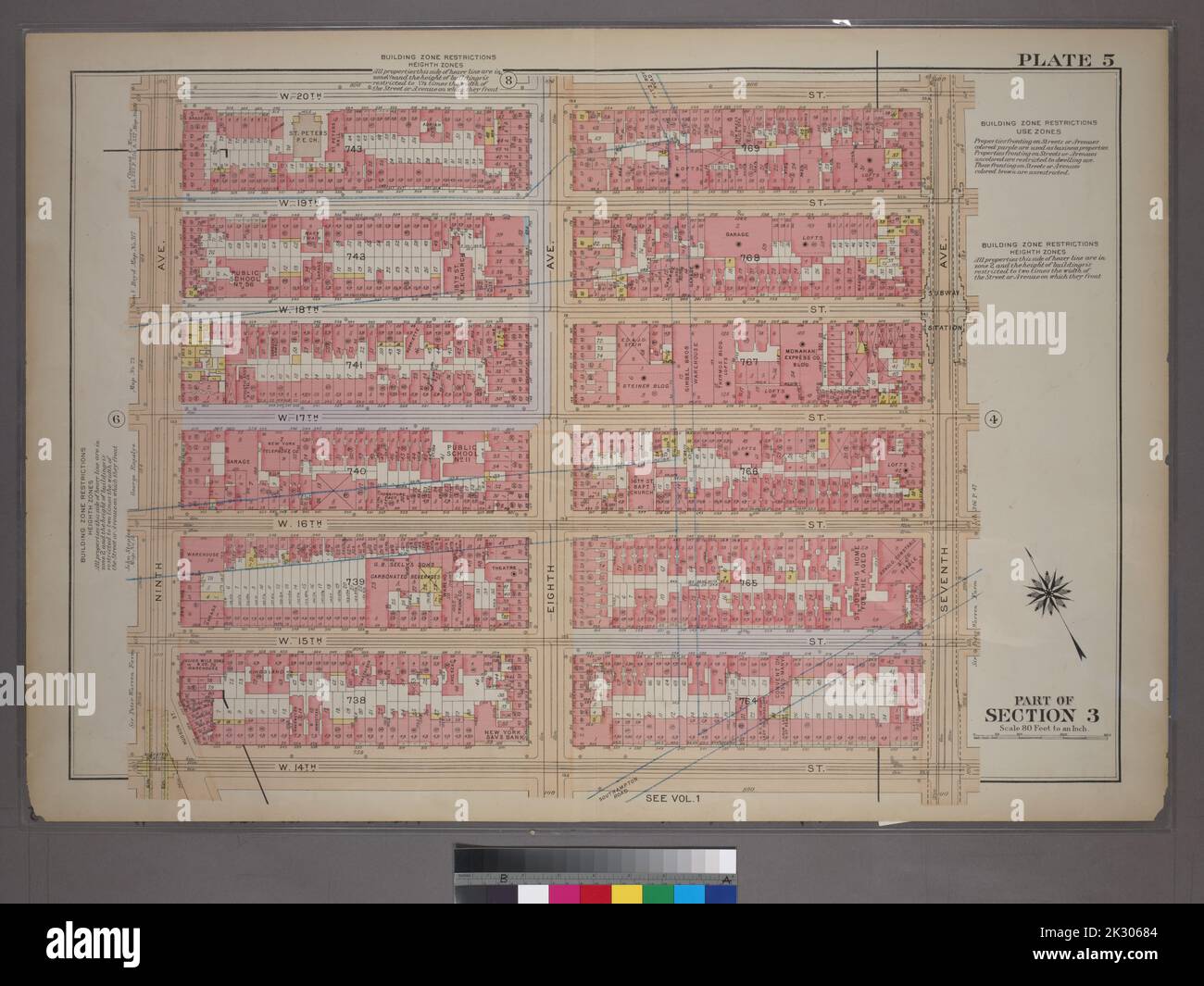 Cartographie, cartes. 1920. Lionel Pincus et Princess Firyal Map Division. Manhattan (New York, New York), immobilier , New York (État) , New York, New York (New York) Plaque 5, partie de l'article 3 : délimitée par la rue W. 20th, septième Avenue, rue W. 14th et neuvième Avenue. Banque D'Images