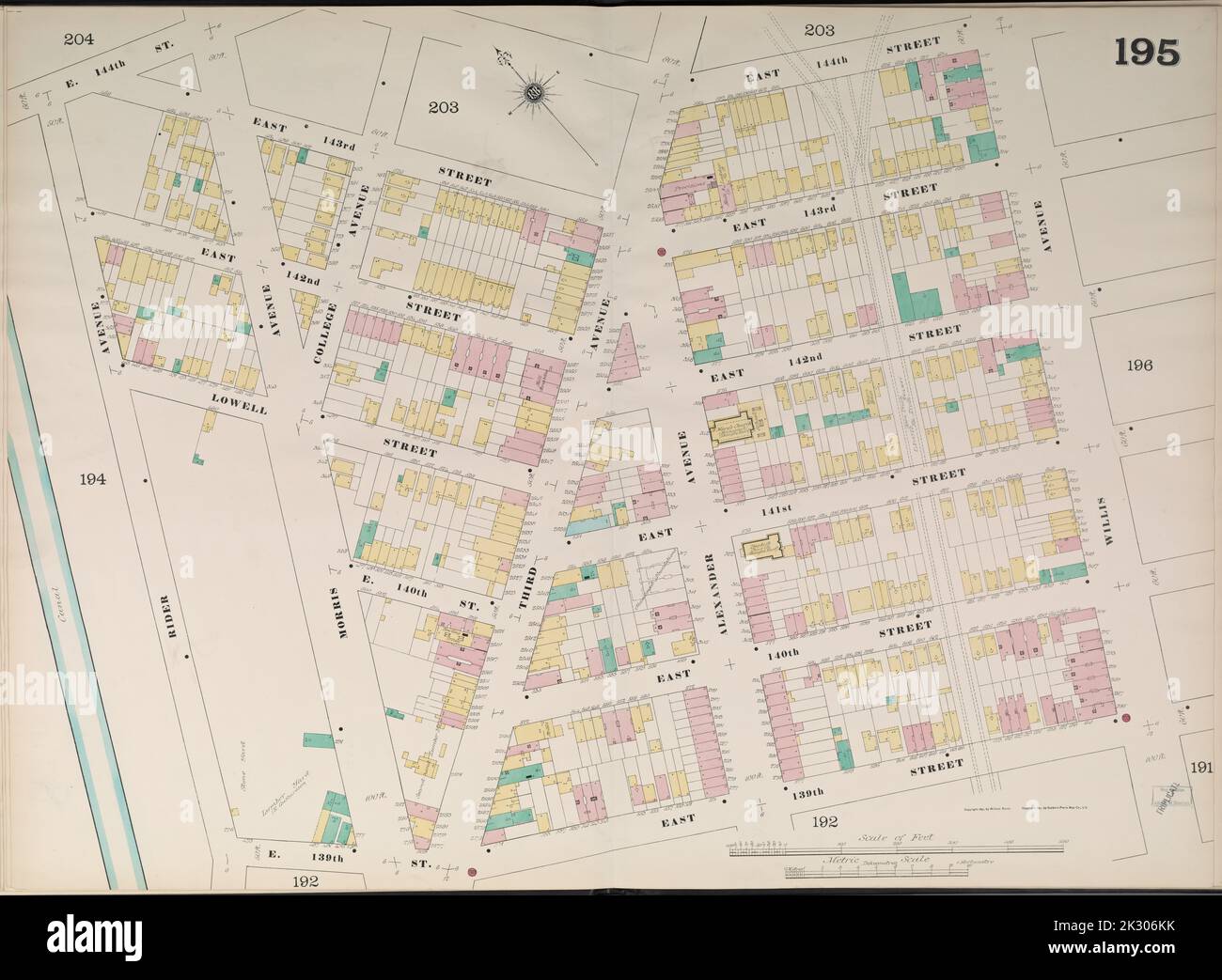 Cartographie, cartes. 1891. Lionel Pincus et Princess Firyal Map Division. Assurance-incendie , New York (État), immobilier , New York (État), Villes et villages , New York (État) Bronx, V. 9, Double page plaque no 195 carte délimitée par East 144th St., Willis Ave., East 139th St., Rider Ave Banque D'Images