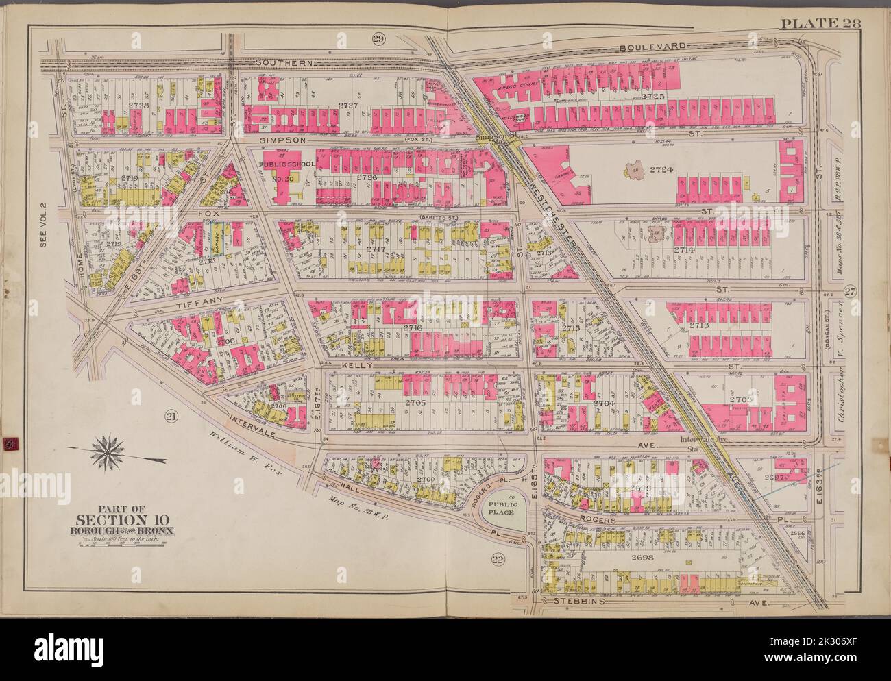 Cartographie, cartes. 1911. Lionel Pincus et Princess Firyal Map Division. Bronx (New York, New York), New York (New York) Plaque 28 carte délimitée par Southern Blvd., E. 163rd St., Stebbins Ave., Hall PL., Home St. Banque D'Images