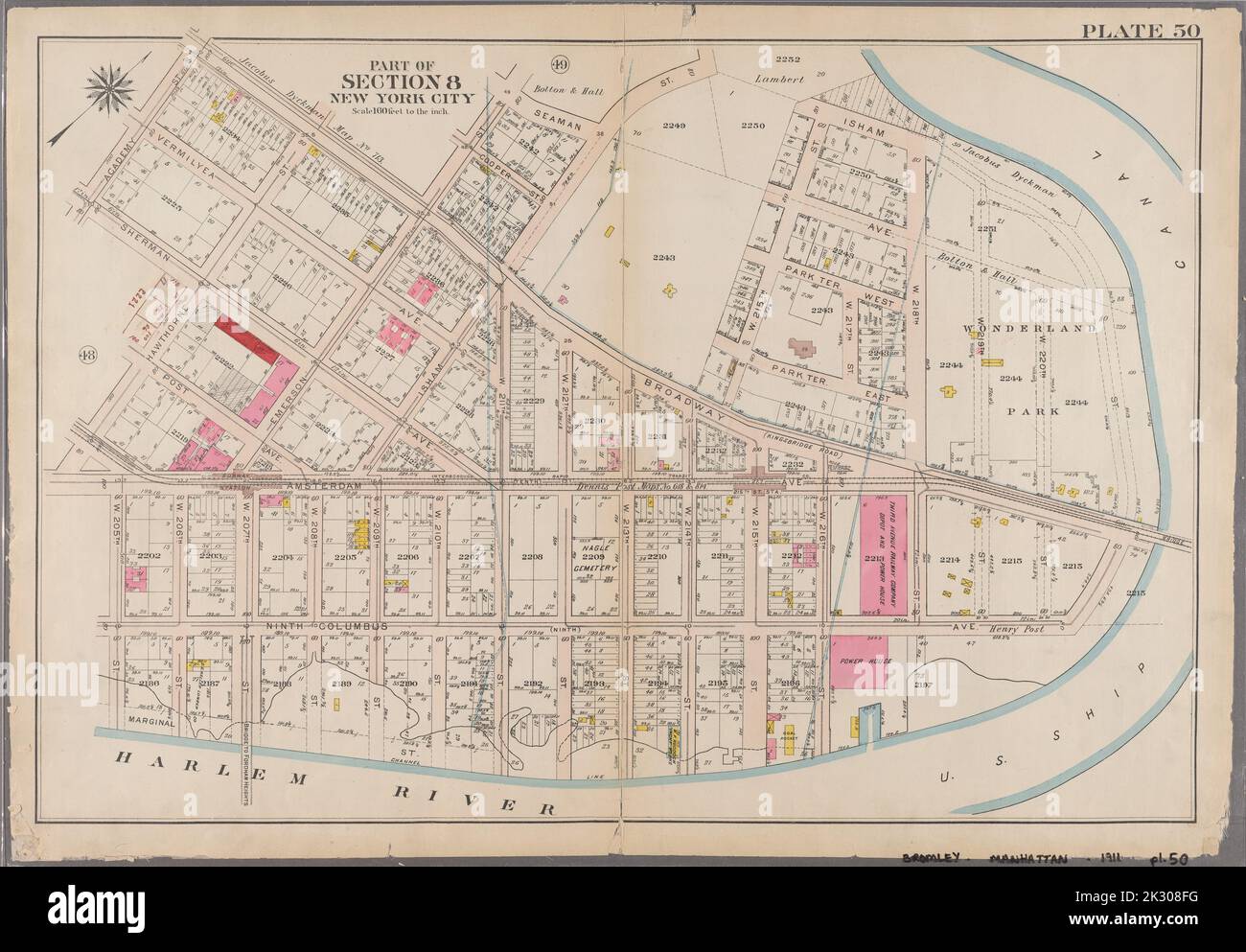 Cartographie, cartes. 1911. Lionel Pincus et Princess Firyal Map Division. New York (New York), Manhattan (New York, New York), immeuble , New York (State) , New York , Manhattan plaque 50 : délimitée par Broadway, Emerson Street, Seaman Avenue, Isham Street, W. 218th Street, Broadway, Ninth Columbus Avenue, W. 216th Street, Harlem River (Channel Line), marginal Street, W. 205th Street, Amsterdam Avenue, Hawthorne Street, Sherman Avenue et Academy Street. Partie de l'article 8, New York. Banque D'Images