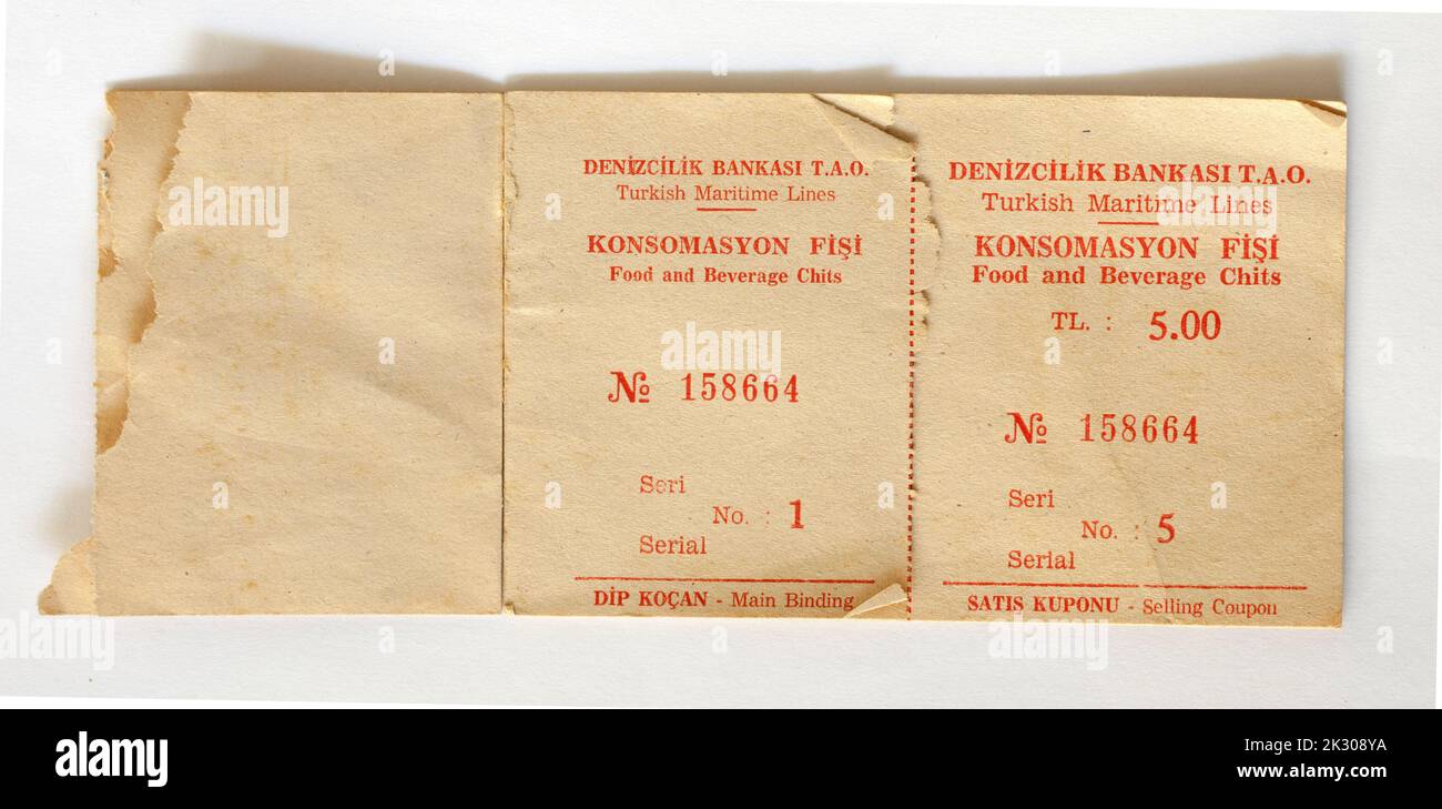 Old 1980s Chit ou billet repas pour repas ou repas depuis Turkish Ferry Banque D'Images