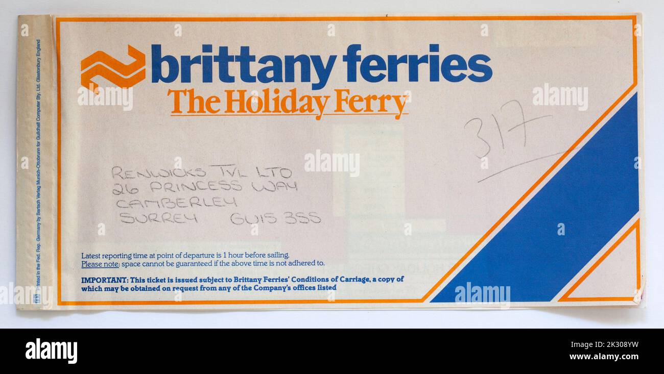 Vieux papier des années 1980 Brittany Ferries billet de ferry Cross Channel Banque D'Images