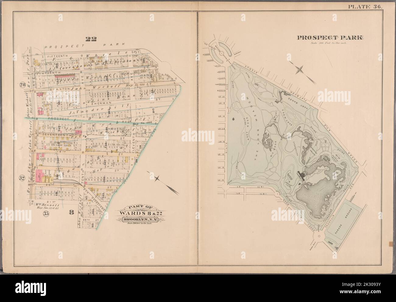 Cartographie, cartes. 1886. Lionel Pincus et Princess Firyal Map Division. Brooklyn (New York, N.Y.), immeuble , New York (État) , New York planche 36 : délimitée par la quinzième rue, la onzième avenue, 19th rue, la dixième avenue, 20th rue et la neuvième avenue. (Inclut le plan de Prospect Park.) Planche 36 : partie du quartier 8. Brooklyn, New York Banque D'Images