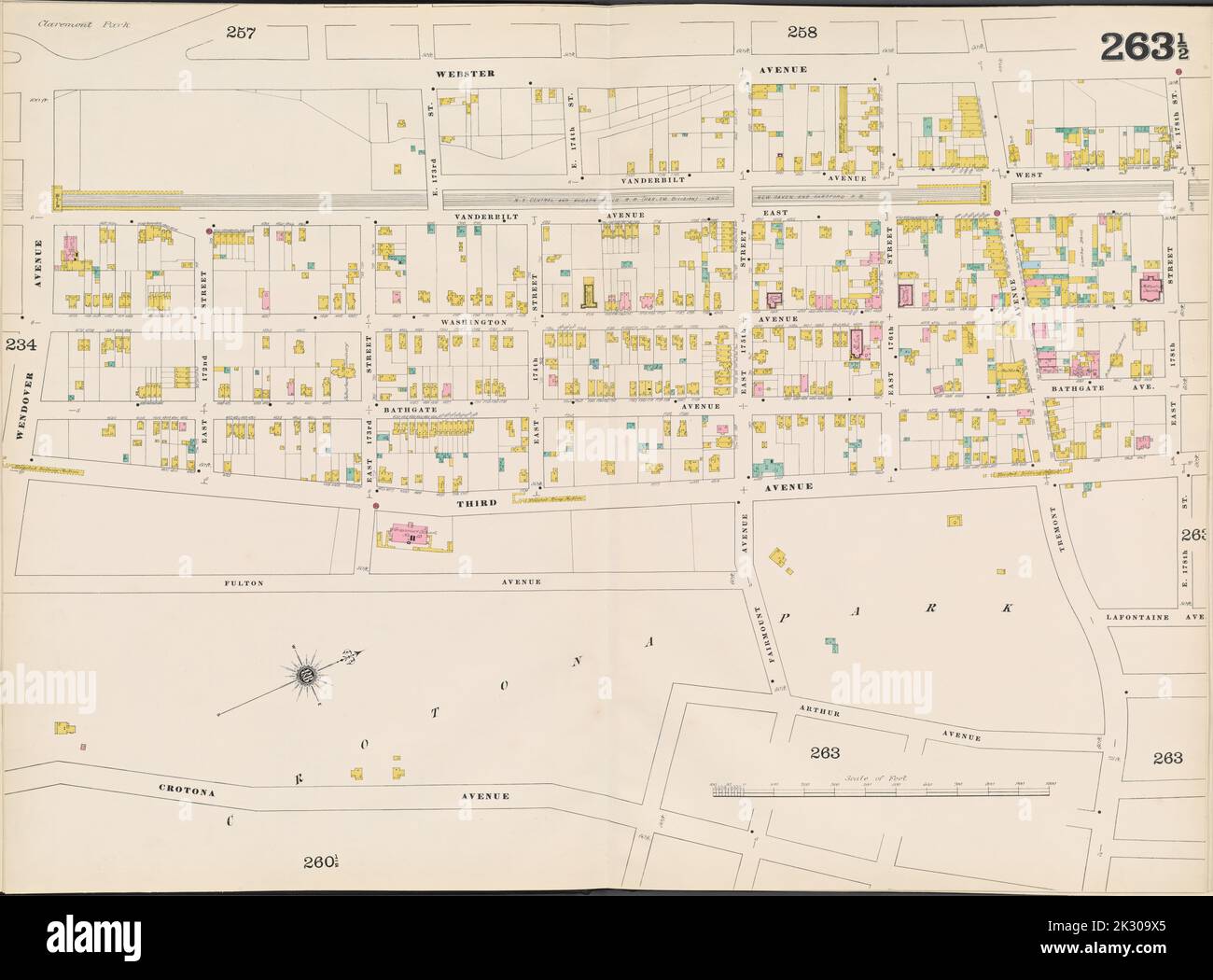 Cartographie, cartes. 1896. Lionel Pincus et Princess Firyal Map Division. Assurance-incendie , New York (État), immeuble , New York (État), Villes et villages , New York (État) Bronx, V. 12, Double page plaque no 263 1/2 carte délimitée par Webster Ave., E. 178th St., Arthur Ave., Crotona Ave., Wendover Ave Banque D'Images