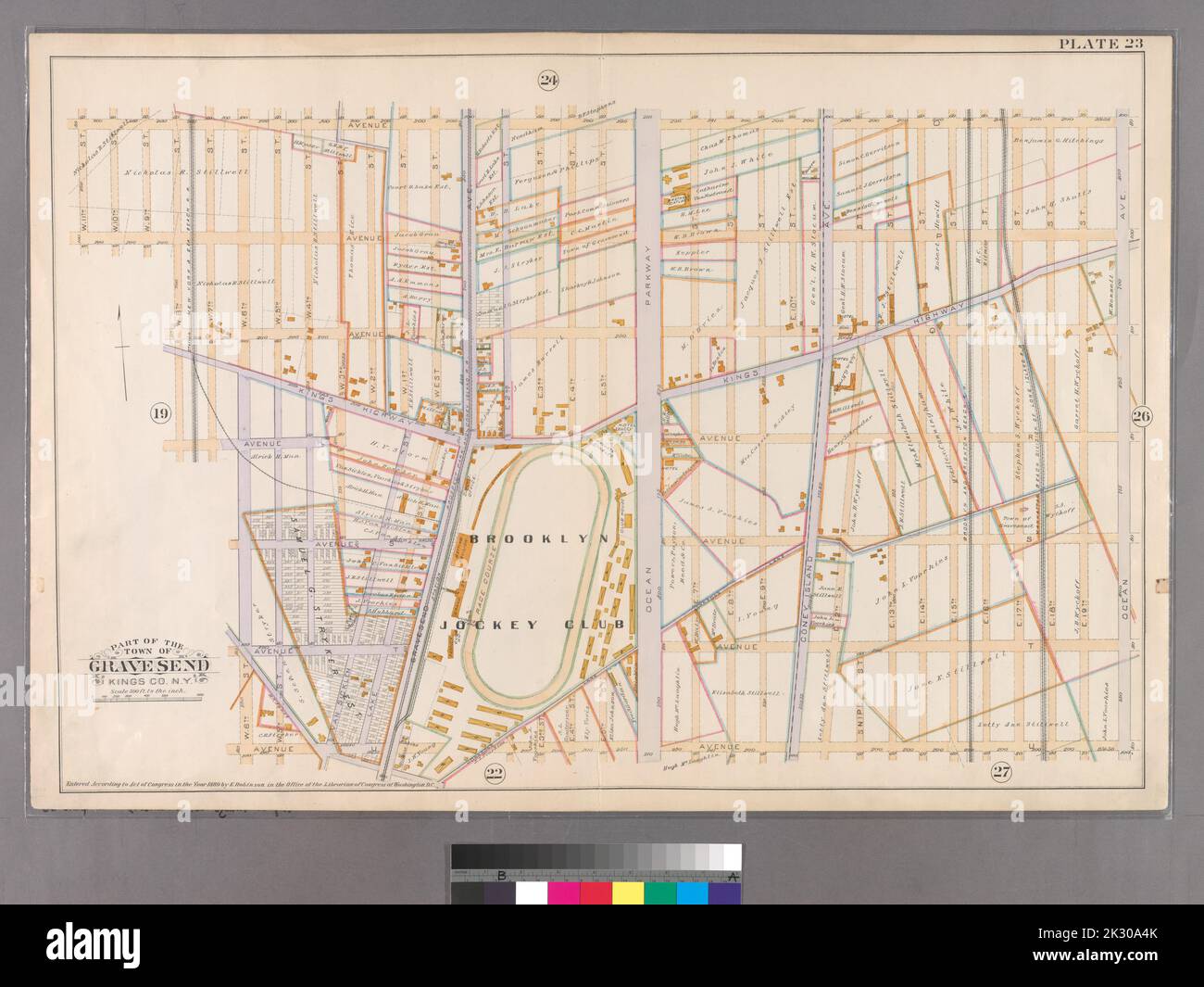 F. Bourquin & Co. Cartographie, cartes. 1890. Lionel Pincus et Princess Firyal Map Division. Brooklyn (New York, New York), immeuble , New York (État) , New York Plate23 : délimité par Avenue P, Ocean Avenue, Avenue U, W. 6th Street, Avenue R, W. 8th Street, Avenue P et W. 11th Street. Fait partie de la ville de Gravesend, Kings Co., N.Y. Banque D'Images
