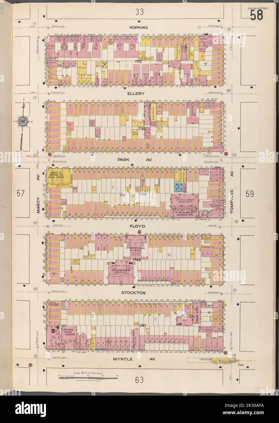 Cartographie, cartes. 1884 - 1936. Lionel Pincus et Princess Firyal Map Division. Assurance incendie , New York (État), immobilier , New York (État), Villes et villages , New York (État) Brooklyn V. 3, plaque no 58 carte délimitée par Hopkins, Tompkins Ave., Myrtle Ave., Marcy Ave. Banque D'Images