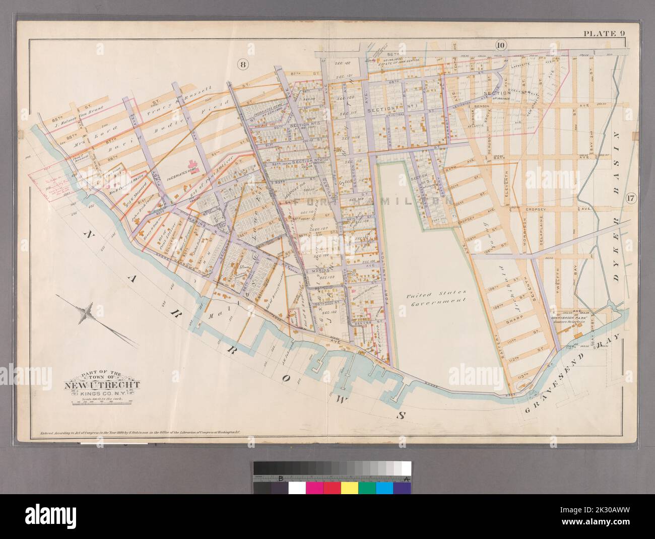 F. Bourquin & Co. Cartographie, cartes. 1890. Lionel Pincus et Princess Firyal Map Division. Brooklyn (New York, New York), immeuble , New York (État) , New York plaque 9 : délimitée par 85th Street, Narrows Avenue, 86th Street, second Avenue, 87th Street, Cinquième Avenue, 86th rue, Bay 2nd rue, Bath Avenue, Bay Street (Dyker Basin), Sharp Avenue, Bay 2nd rue, 112th rue, Seventh Avenue, 113th Street, (Gouvernement des États-Unis) Battery Avenue et (Narrows) Shore Road. Partie de la ville de New Utrecht, Kings Co., N.Y. Banque D'Images