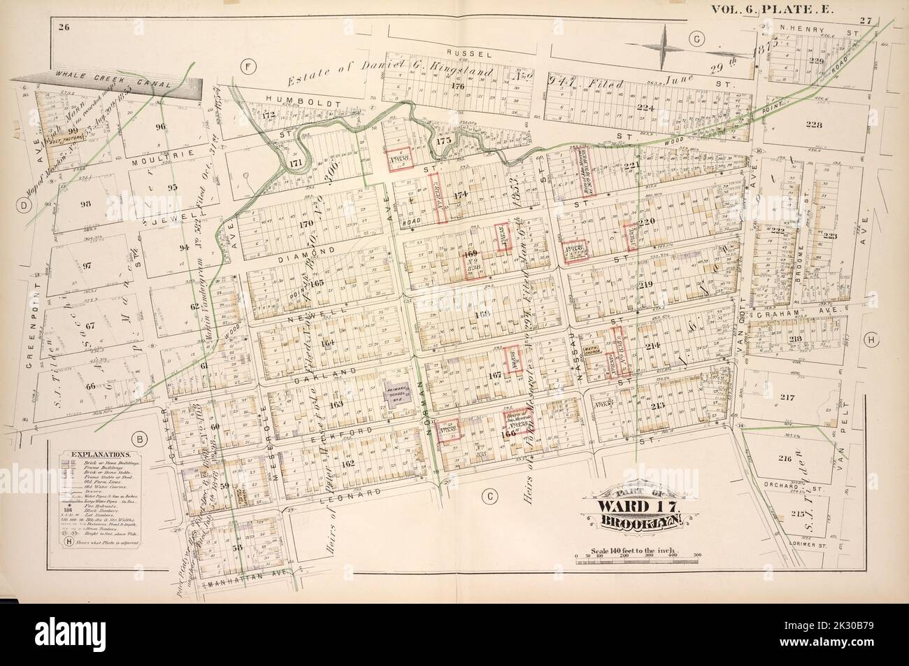 Cartographie, cartes. 1880. Lionel Pincus et Princess Firyal Map Division. Brooklyn (New York, N.Y.), immeubles , New York (État) , New York vol. 6. Plate, E. carte reliée au canal Whale Creek, rue Humboldt, avenue Norman, rue Russell, avenue Van Cott, N.Henry St., Van Pelt Ave., Lorimer St., Leonard St., Meserole Ave., Manhattan Ave., Calyer St., Oakland St., Green point Ave.; y compris Moltrie St., Rue Jewell, rue Diamond, rue Newell, avenue Graham, rue Eckford, Orchard St., Nassau St., Broome St. Banque D'Images