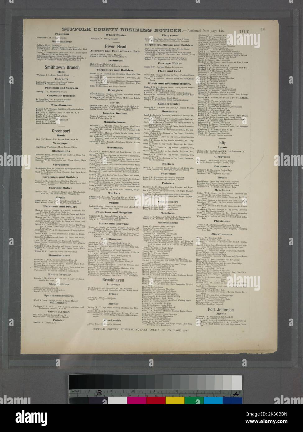 Cartographie, cartes. 1873. Lionel Pincus et Princess Firyal Map Division. Long Island (New York) , Description et Voyage Suffolk County Avis d'affaires. Smithtown Branch - Greenport - River Head - Brookhaven - Isp - Port Jefferson. Banque D'Images