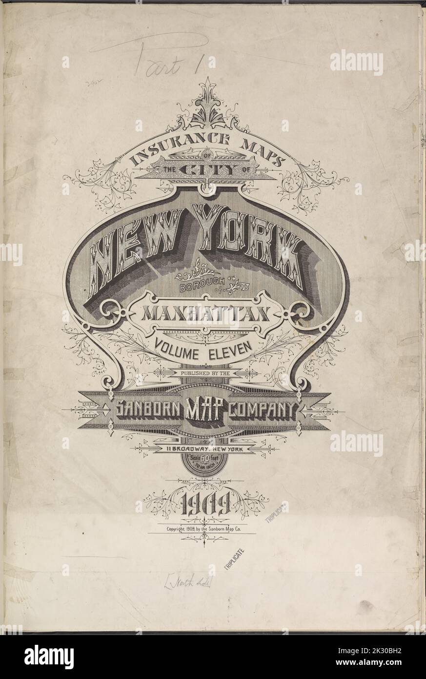 Cartographie, cartes. 1884 - 1936. Lionel Pincus et Princess Firyal Map Division. Assurance incendie , New York (État), immobilier , New York (État), Villes et villages , New York (État) cartes d'assurance de la ville de New York. Quartier de Manhattan. Volume 11. Publié par Sanborn Map Co., 11 Broadway, New York. 1909. Banque D'Images