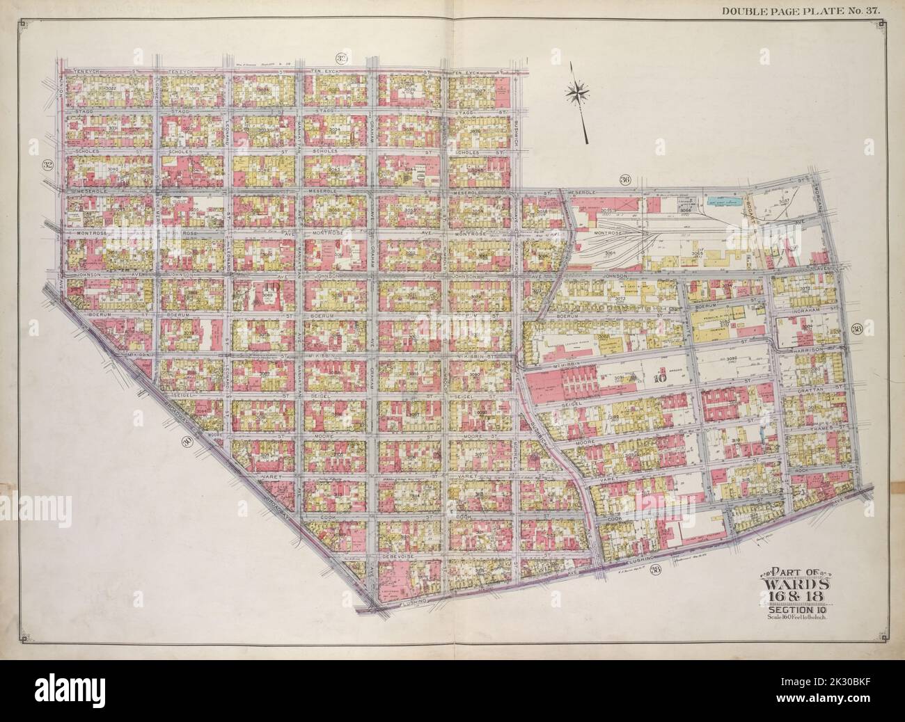 E.B. Hyde & Co. Cartographie, cartes. 1916. Lionel Pincus et Princess Firyal Map Division. Brooklyn (New York, New York), propriété immobilière , New York (État) , New York Brooklyn, vol. 1, 2nd part, Double page plate No. 37; partie des quartiers 16 et 18, sections 10 et 8; carte délimitée par Ten Eyck St., Bushwick Ave., Meserole St., Morgan Ave; y compris Flushing Ave, Broadway, Union Ave Banque D'Images