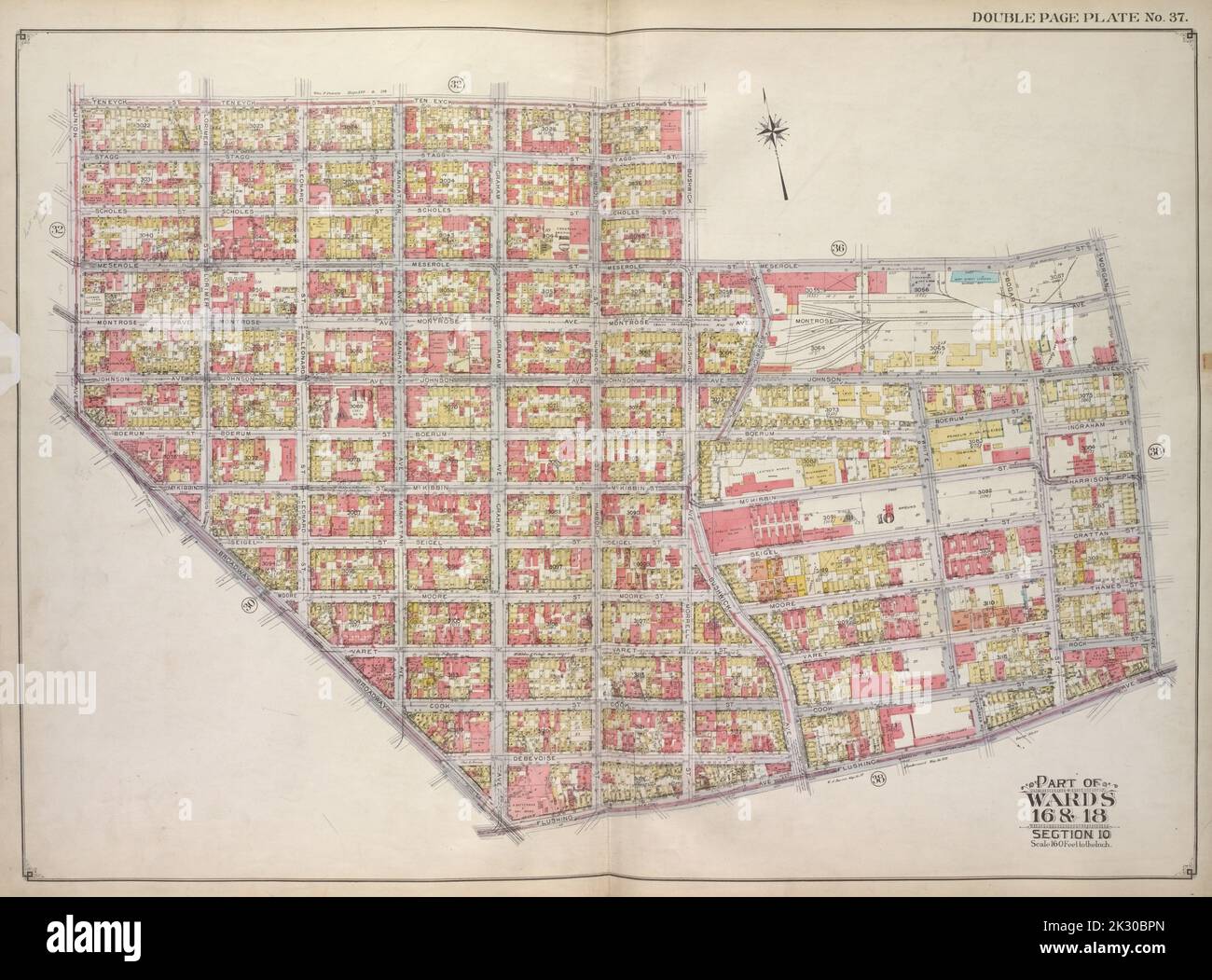 E.B. Hyde & Co. Cartographie, cartes. 1916. Lionel Pincus et Princess Firyal Map Division. Brooklyn (New York, New York), propriété immobilière , New York (État) , New York Brooklyn, vol. 1, 2nd part, Double page plate No. 37; partie des quartiers 16 et 18, sections 10 et 8; carte délimitée par Ten Eyck St., Bushwick Ave., Meserole St., Morgan Ave; y compris Flushing Ave, Broadway, Union Ave Banque D'Images