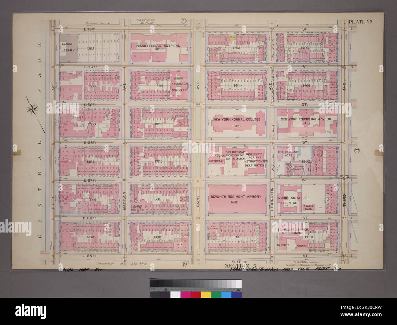 Cartographie, cartes. 1898. Lionel Pincus et Princess Firyal Map Division. Manhattan (New York, N.Y.), immeuble , New York (État) , New York plate 23, partie de la section 5 : délimitée par la rue E. 71st, Third Avenue, E. 65th Street et Fifth Avenue Banque D'Images