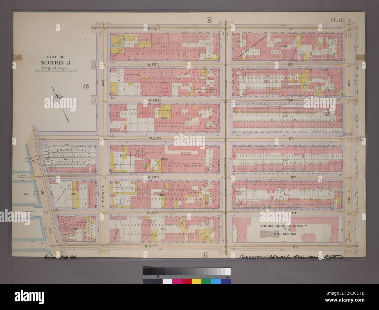 Cartographie, cartes. 1899. Lionel Pincus et Princess Firyal Map Division. Manhattan (New York, N.Y.), immeuble , New York (État) , New York plate 7, partie de la section 3 : délimitée par W. 26th Street, neuvième Avenue, W. 20th Street, 13th Street, W. 23rd Street et onzième Avenue Banque D'Images