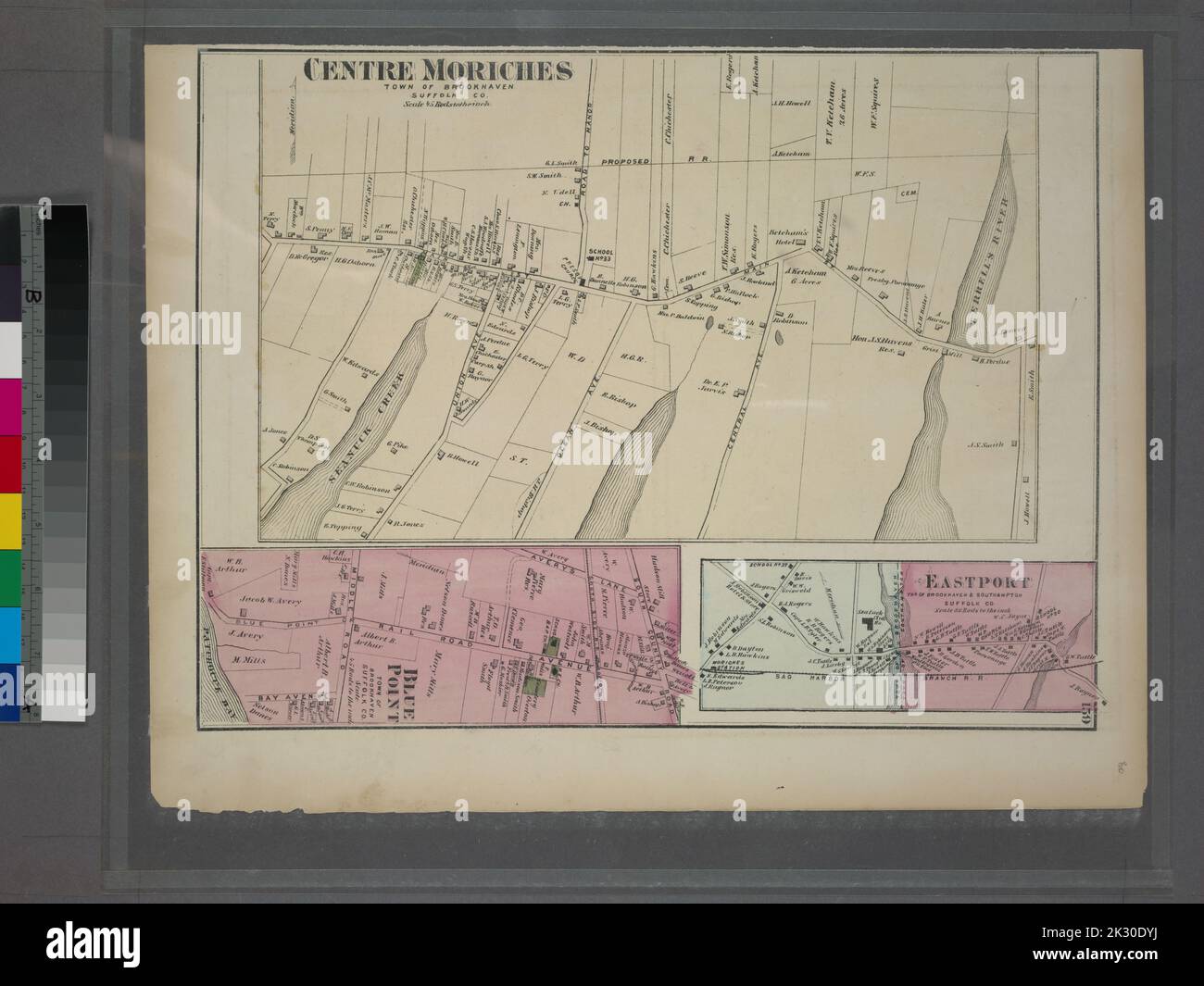 Cartographie, cartes. 1873. Lionel Pincus et Princess Firyal Map Division. Long Island (New York) , Description et Voyage Centre Moriches, ville de Brookhaven, Suffolk Co. - East point, ville de Brookhaven & Southampton, Suffolk Co. - Blue point, ville de Brookhaven, Suffolk Co. Blue point, ville de Brookhaven & Southampton, Suffolk Co. Blue point, ville de Brookhaven, Suffolk Co. Banque D'Images