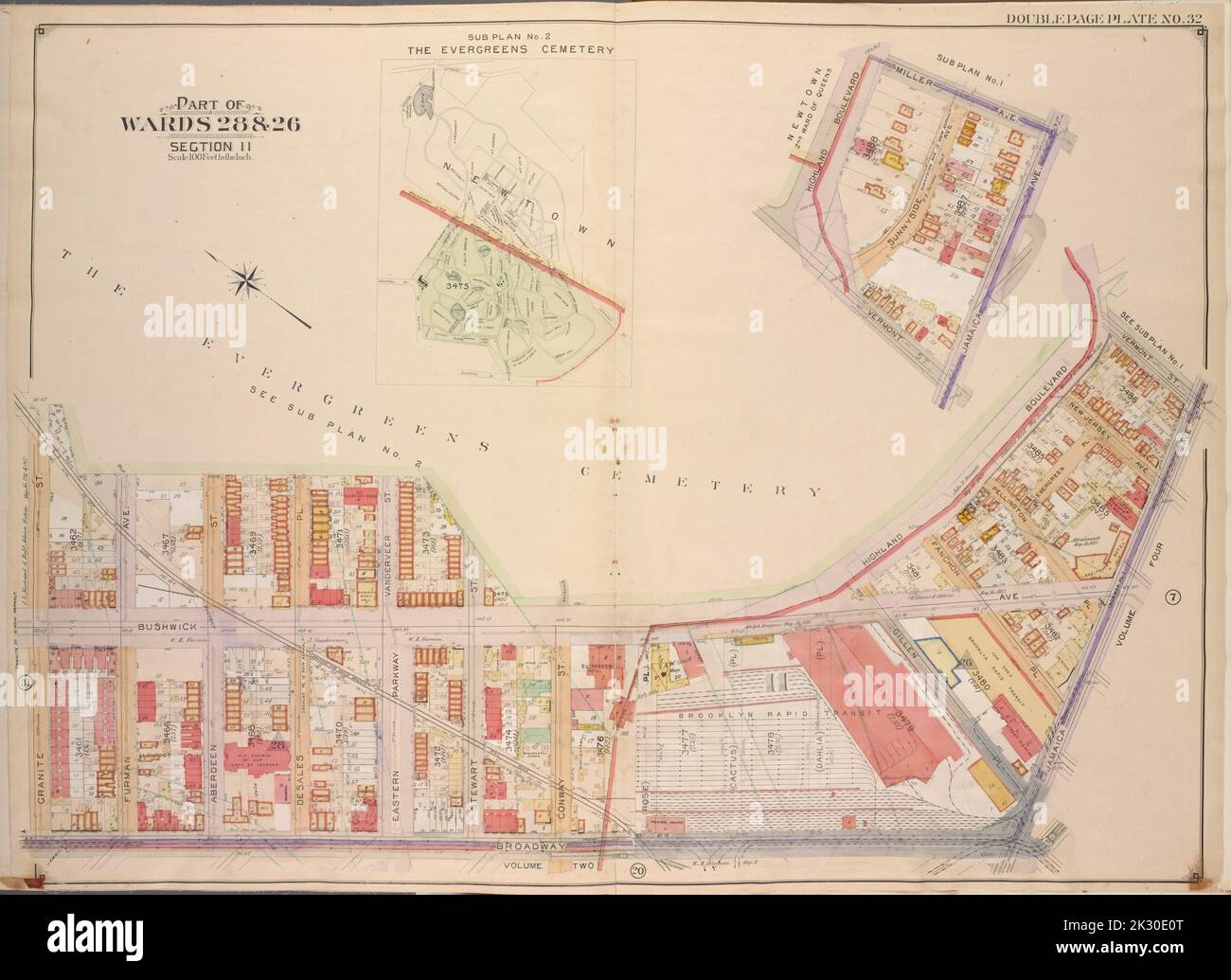 E.B. Hyde & Co. Cartographie, cartes. 1904 - 1912. Lionel Pincus et Princess Firyal Map Division. Brooklyn (New York, New York) , Cartes, biens immobiliers , New York (État) , New York Brooklyn, vol. 3, plaque double page n° 32; partie des pupilles 28 et 26, section 11; carte délimitée par Highland Blvd., Vermont St.; y compris Jamaica Ave. (Norman PL.), Broadway, Granite St.; Plan secondaire n° 1; Carte délimitée par Highland Blvd., Miller Ave., Jamaica Ave.; y compris Vermont St., Sunnyside Ave.; Plan secondaire no 2; cimetière Evergreens; carte délimitée par Cypress Ave., Vermont St., Highland Blvd., Bushwick Ave.; y compris Granite Banque D'Images