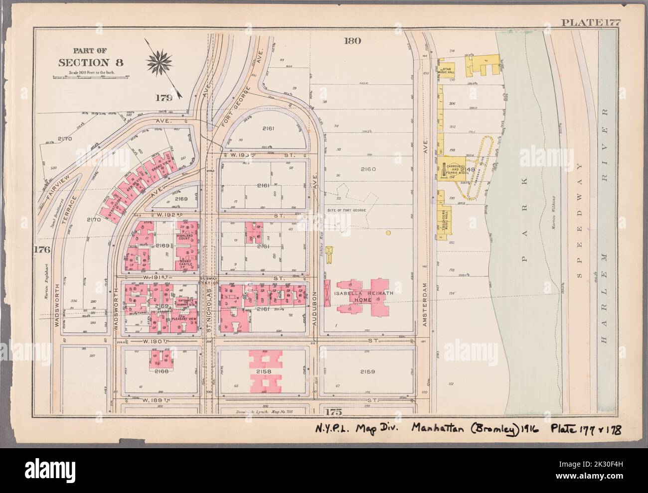 Cartographie, cartes. 1916. Lionel Pincus et Princess Firyal Map Division. Atlas, Manhattan (New York, New York), propriété immobilière , New York (État) , New York plaque 177: Délimitée par Fairview Avenue, (Isabella Heimath Home), Amsterdam Avenue (Harlem River),W. 189th Street, W. 190th Street et Wadsworth Terrace partie de la section 8 Banque D'Images