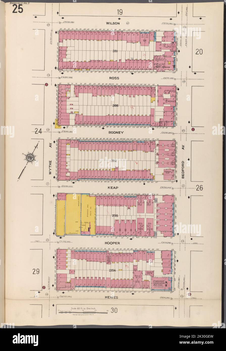 Cartographie, cartes. 1884 - 1936. Lionel Pincus et Princess Firyal Map Division. Assurance-incendie , New York (État), immobilier , New York (État), Villes et villages , New York (État) Brooklyn V. 3, plaque no 25 carte délimitée par Wilson, Bedford Ave., Heges, Wythe Ave Banque D'Images