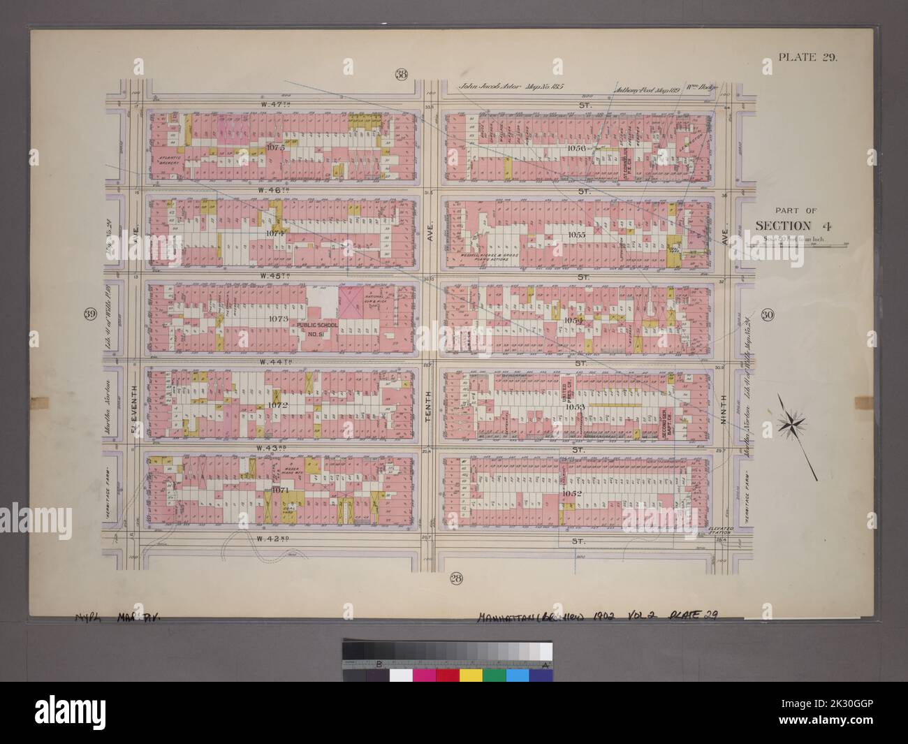 Cartographie, cartes. 1899. Lionel Pincus et Princess Firyal Map Division. Manhattan (New York, N.Y.), immeuble , New York (État) , New York plate 29, partie de la section 4 : délimitée par la rue W. 47th, la neuvième avenue, la rue W. 42nd et la onzième avenue Banque D'Images