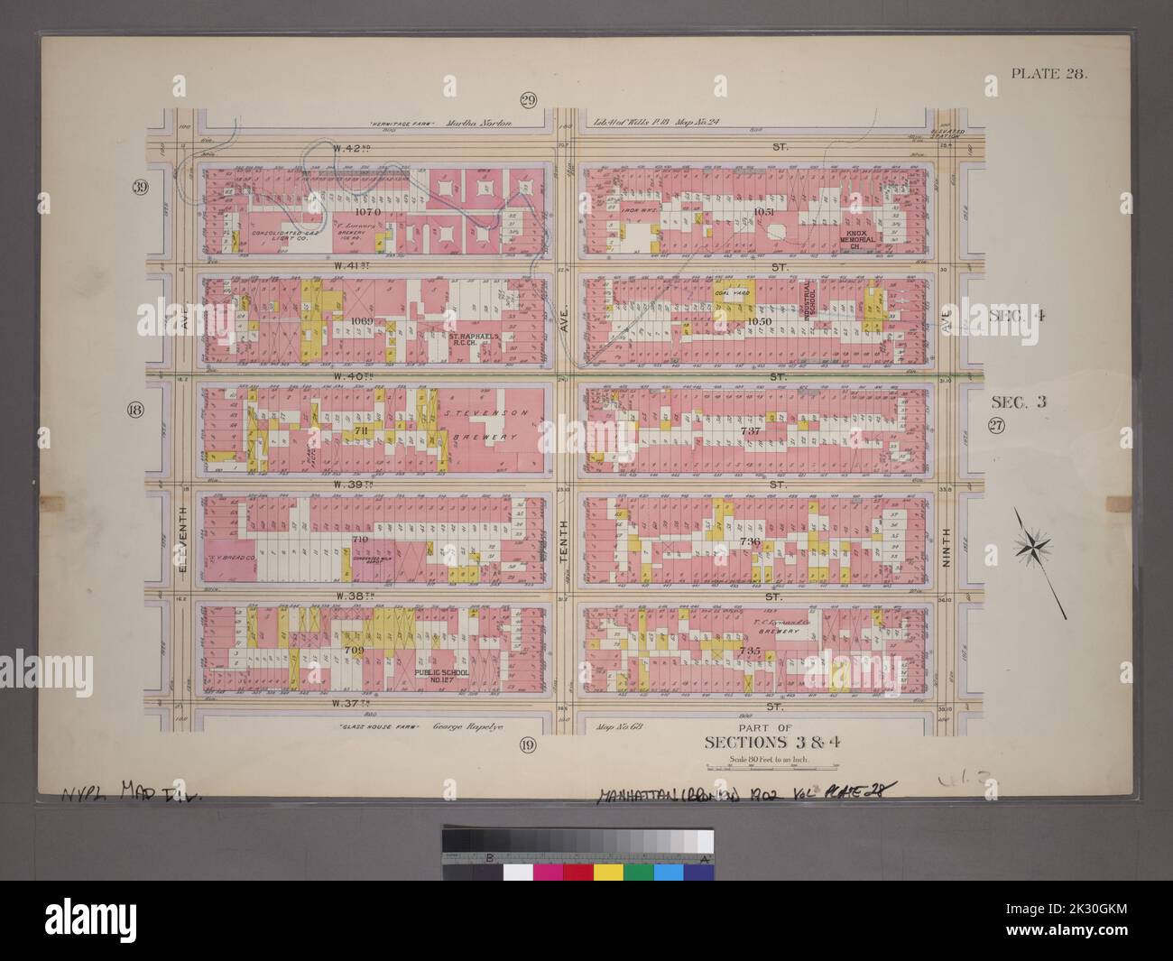 Cartographie, cartes. 1899. Lionel Pincus et Princess Firyal Map Division. Manhattan (New York, N.Y.), immeuble , New York (État) , New York plate 28, partie des sections 3 et 4 : délimitée par W. 42nd Street, Ninth Avenue, W. 37th Street et Elevth Avenue Banque D'Images